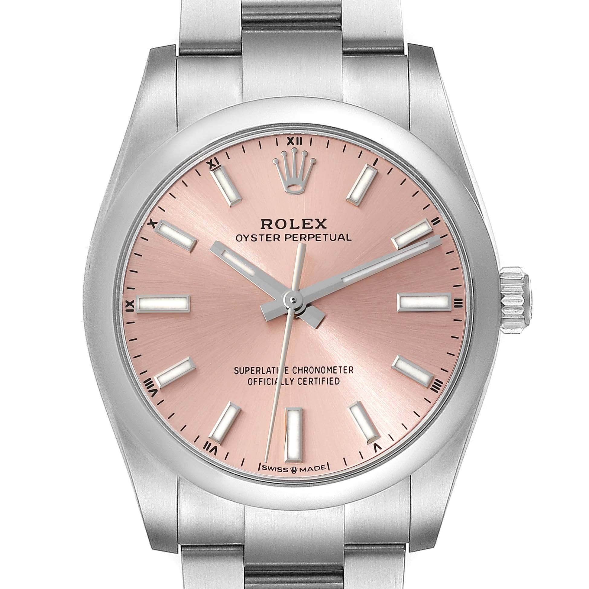 Rolex Oyster Perpetual 34mm Pink Dial Steel Mens Watch 124200 Unworn