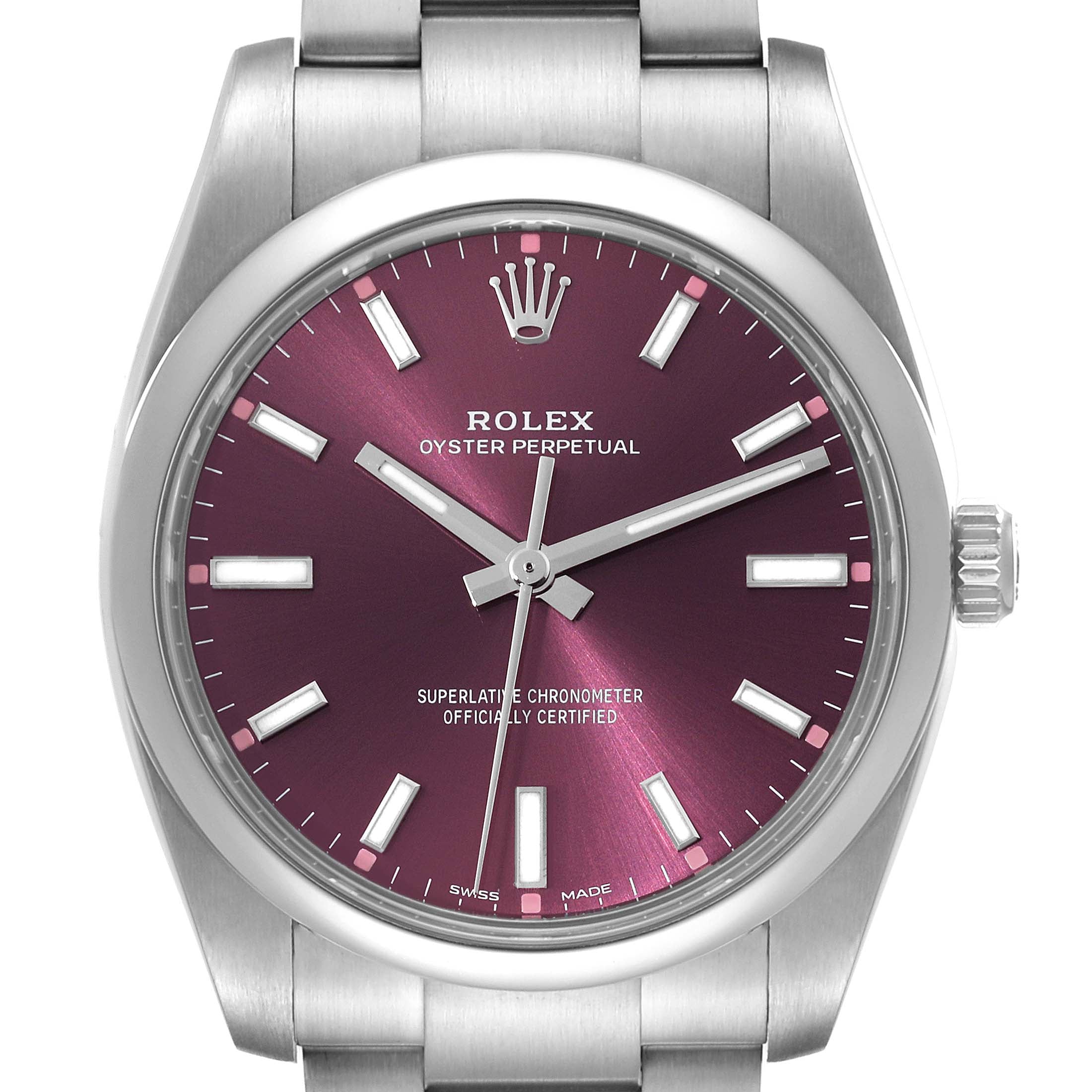 Rolex Oyster Perpetual 34mm Red Grape Dial Steel Mens Watch 114200 Box Card