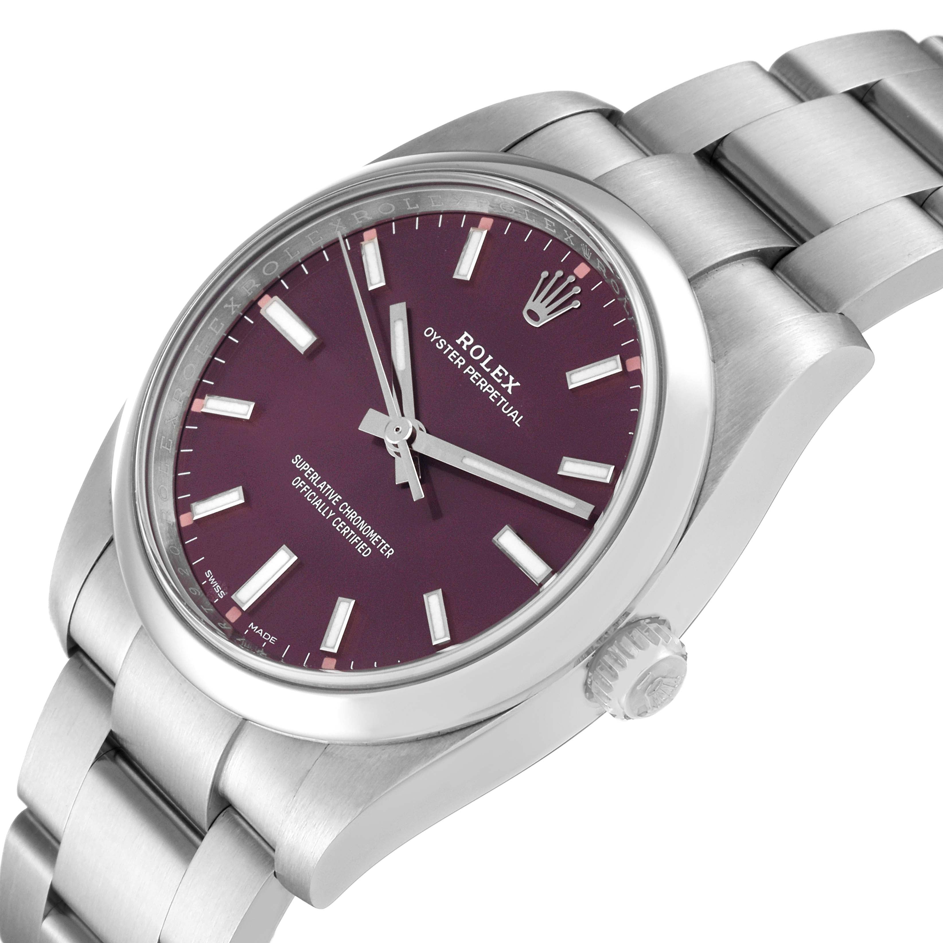 Rolex Oyster Perpetual 34mm Red Grape Dial Steel Mens Watch 114200 Box Card