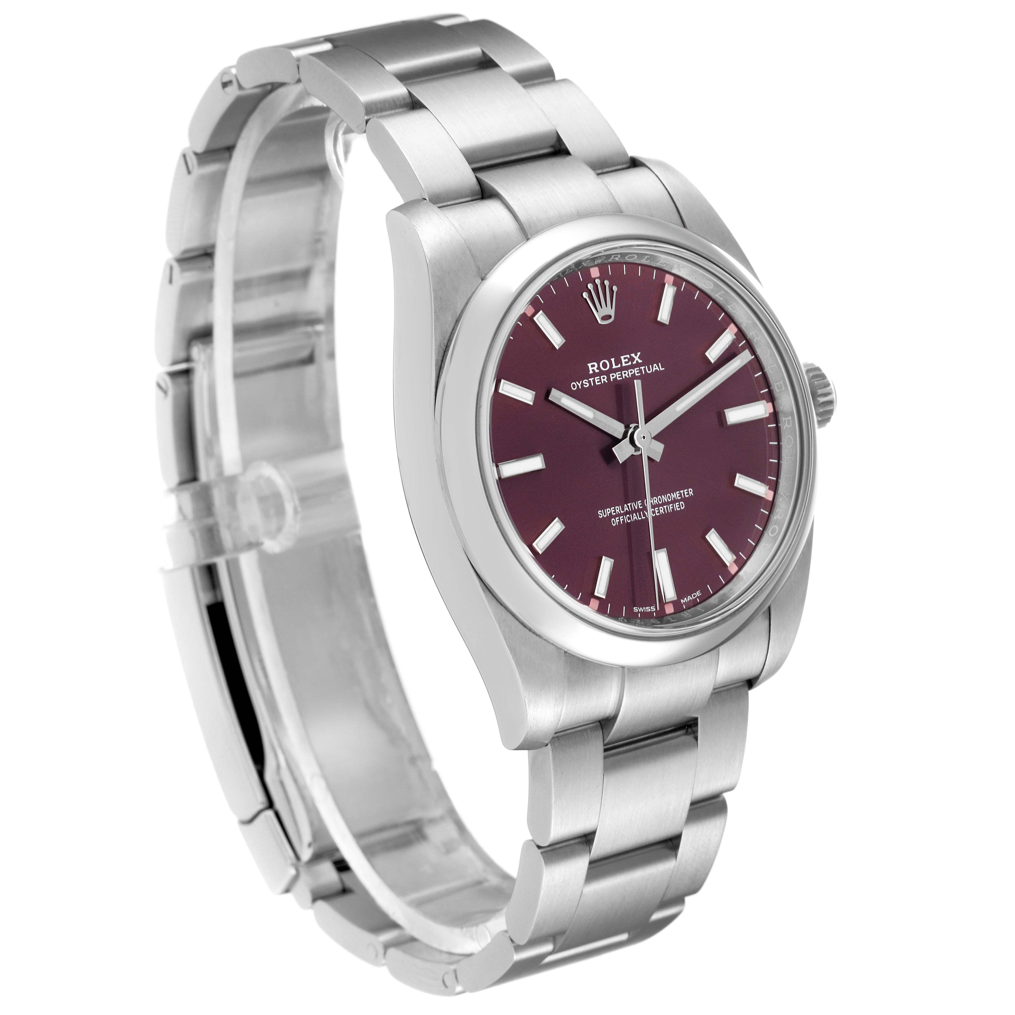 Rolex Oyster Perpetual 34mm Red Grape Dial Steel Mens Watch 114200 Box Card