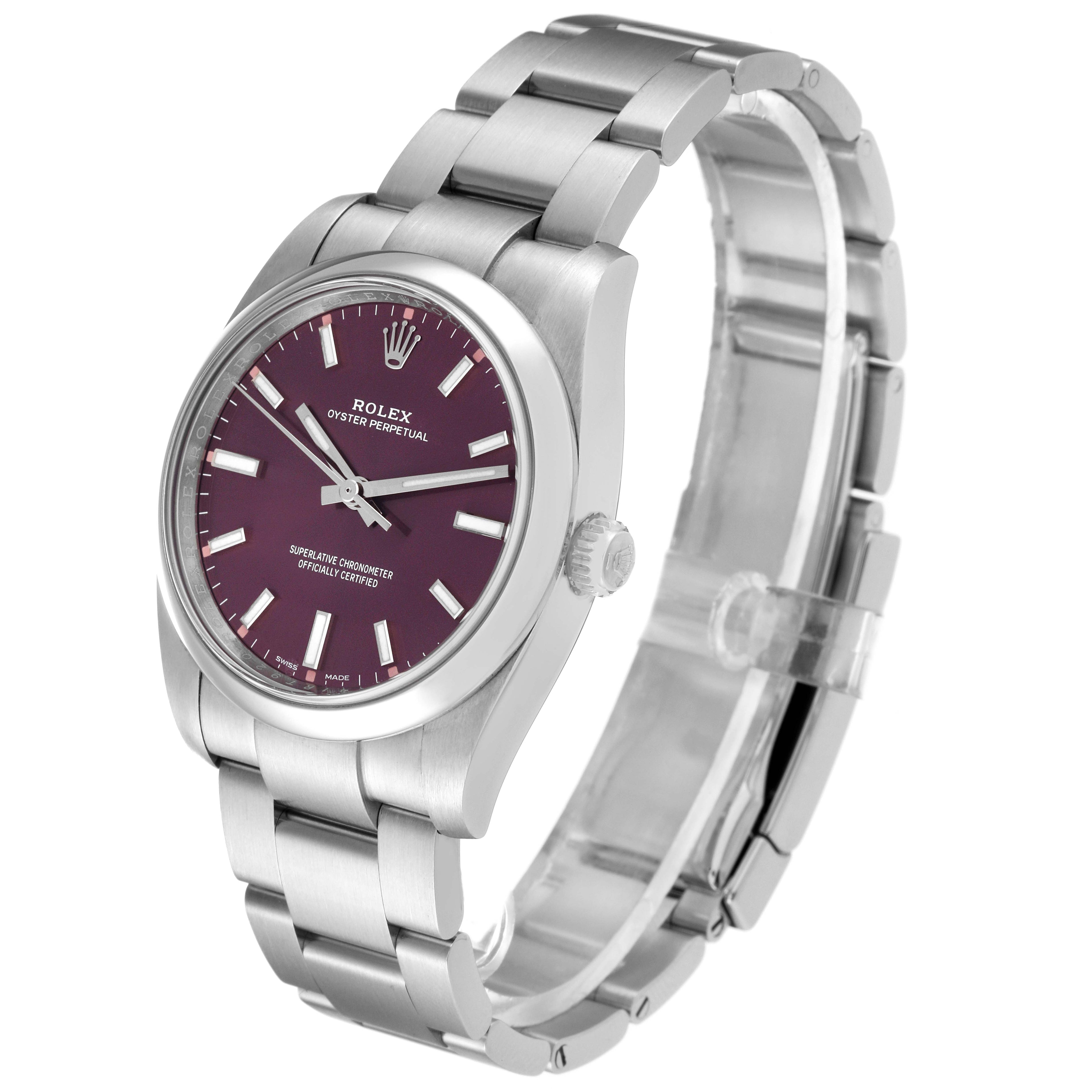 Rolex Oyster Perpetual 34mm Red Grape Dial Steel Mens Watch 114200 Box Card