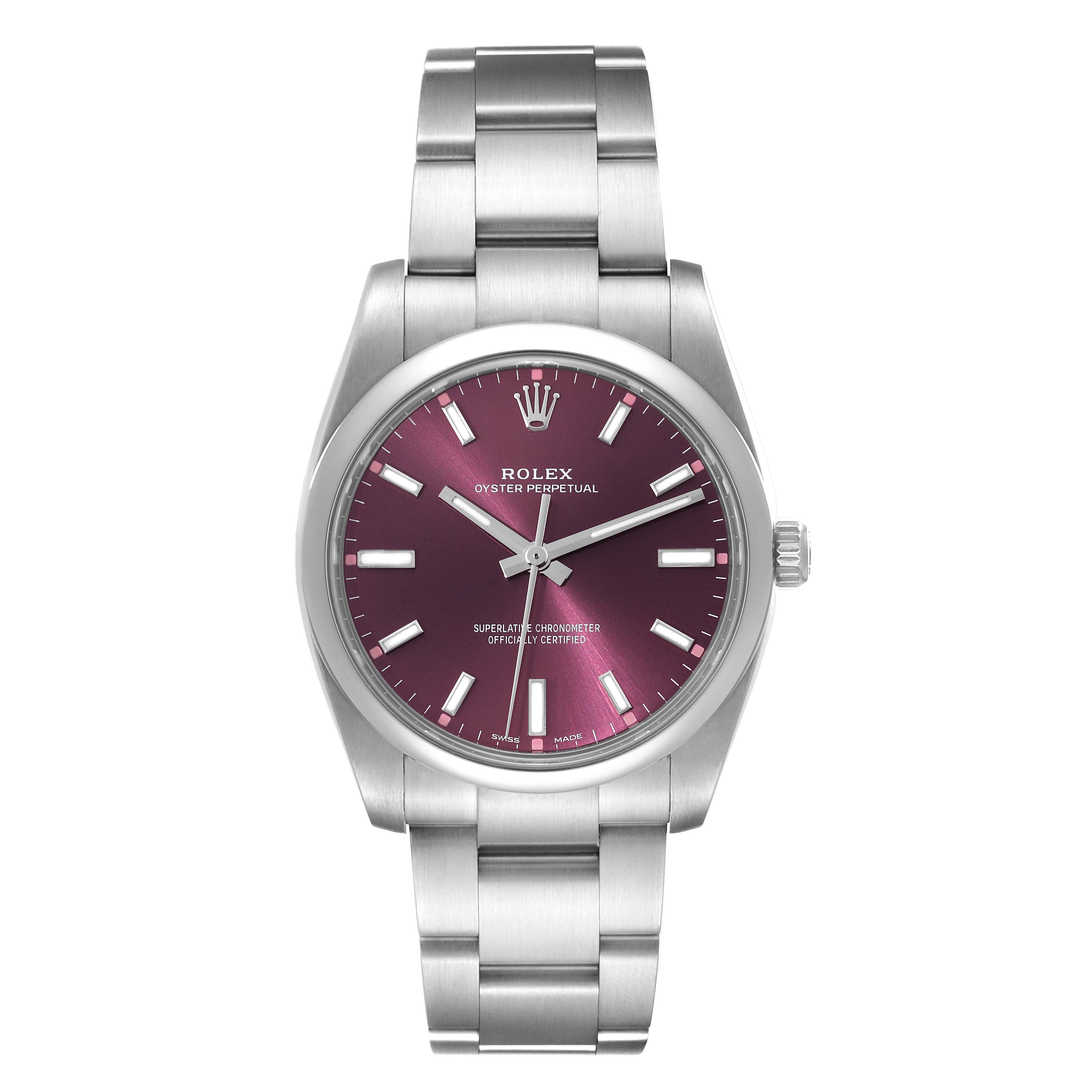 Rolex Oyster Perpetual 34mm Red Grape Dial Steel Mens Watch 114200 Box Card