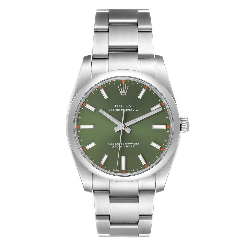 Rolex Oyster Perpetual 34mm Steel Olive Green Dial Mens Watch 114200