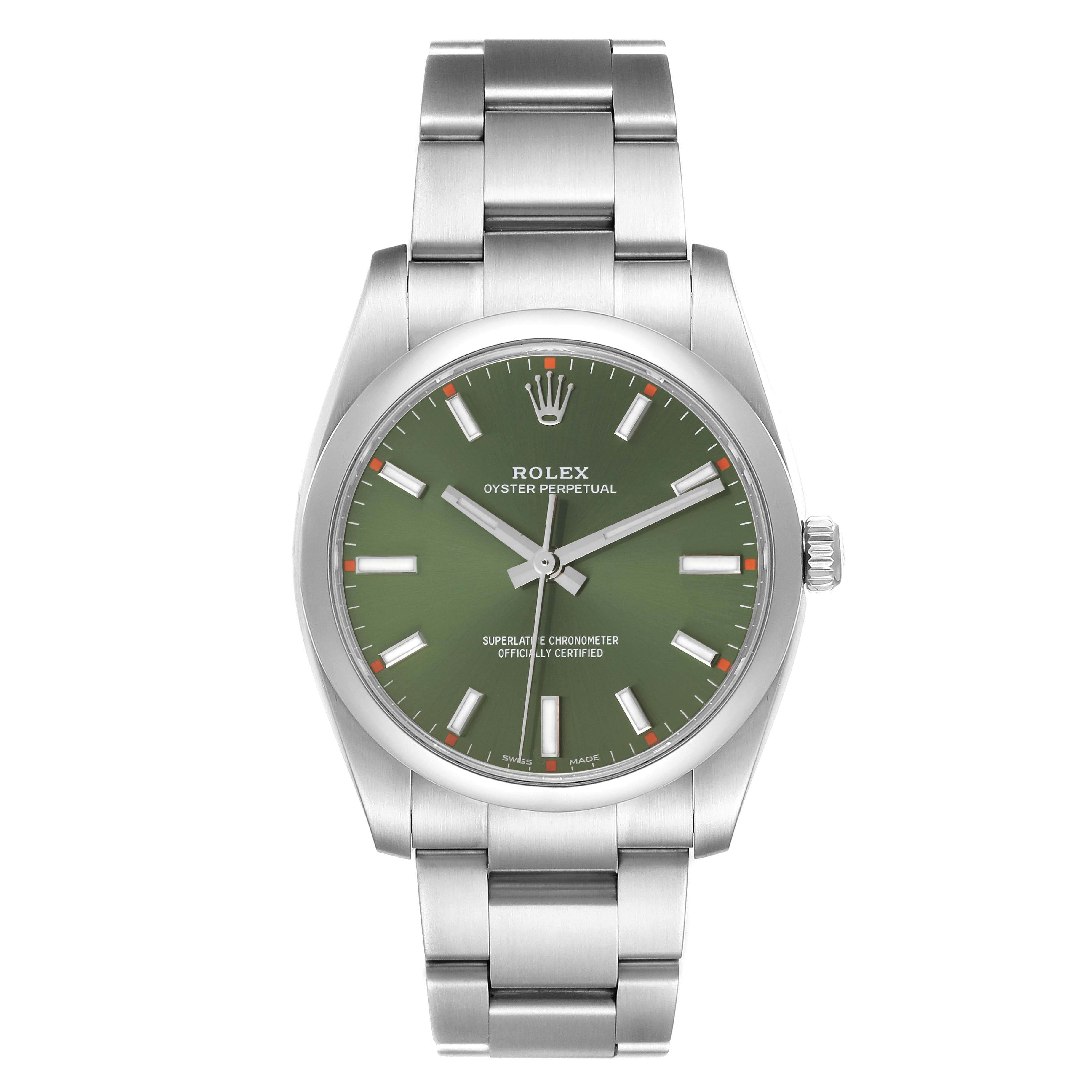 Rolex Oyster Perpetual 34mm Steel Olive Green Dial Mens Watch 114200