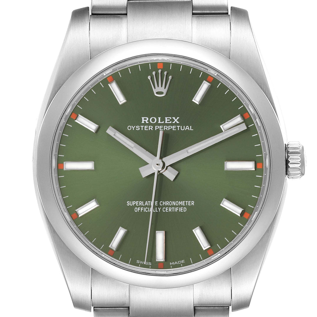 Rolex Oyster Perpetual 34mm Steel Olive Green Dial Mens Watch 114200