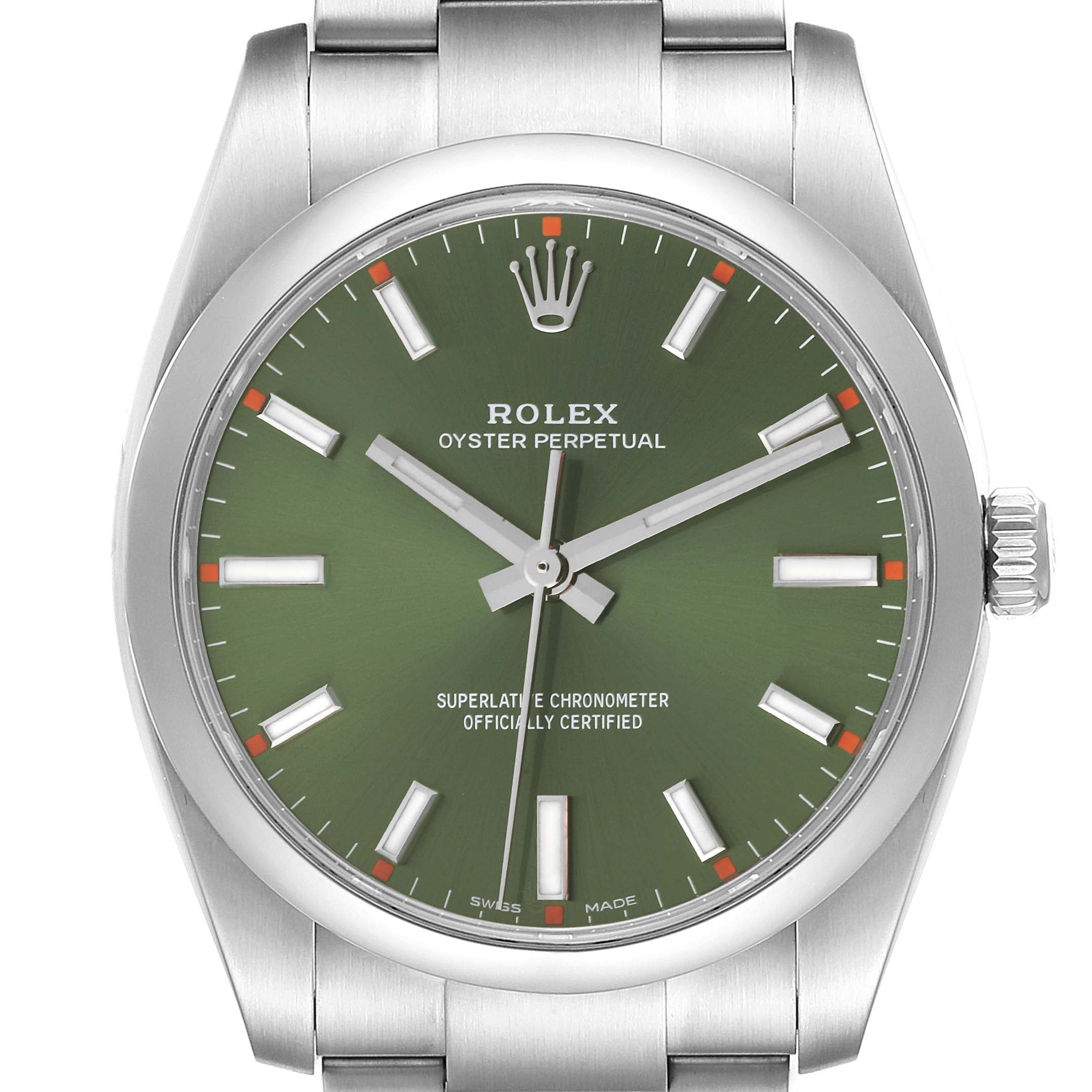 Rolex Oyster Perpetual 34mm Steel Olive Green Dial Mens Watch 114200