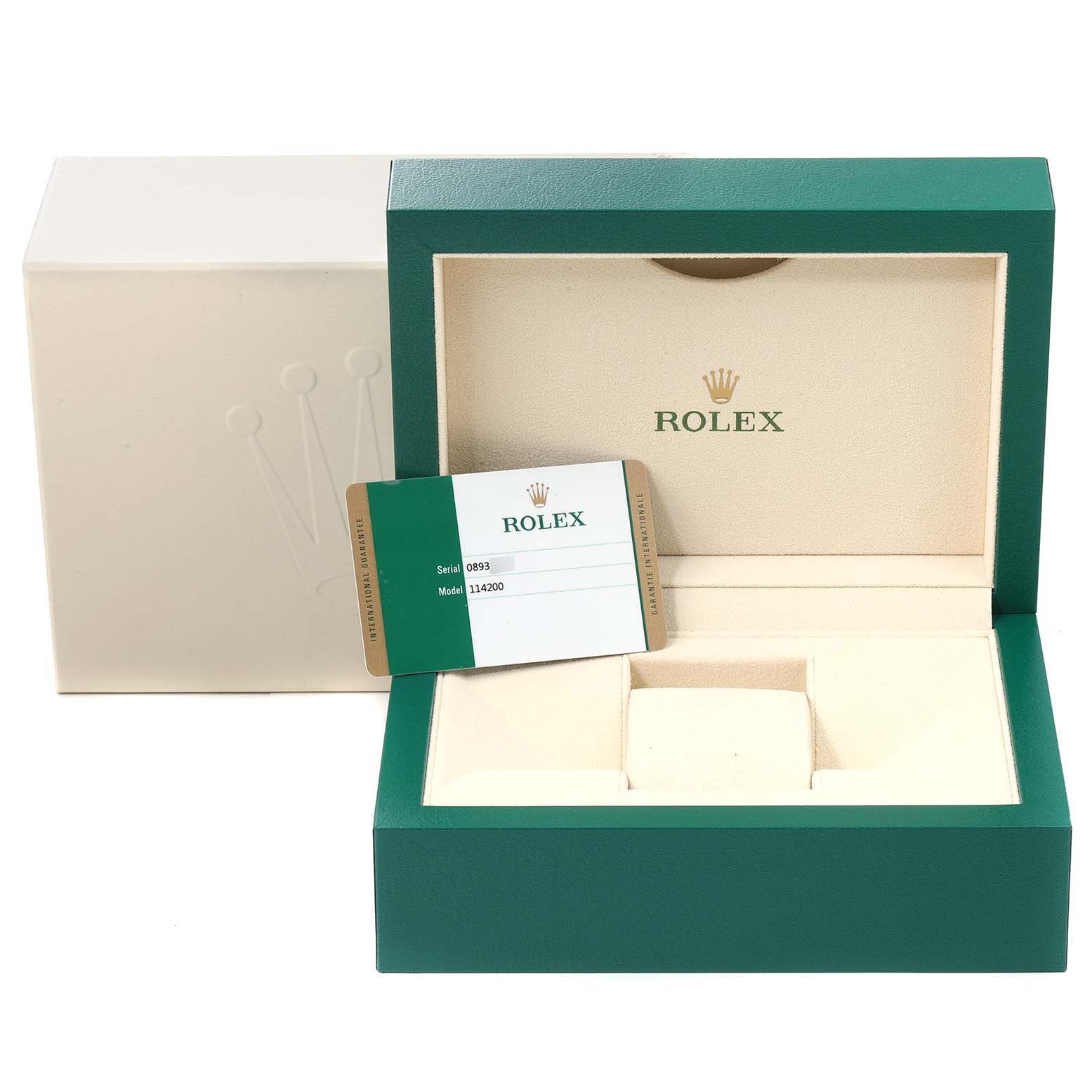 Rolex Oyster Perpetual 34mm White Grape Dial Steel Mens Watch 114200 Box Card