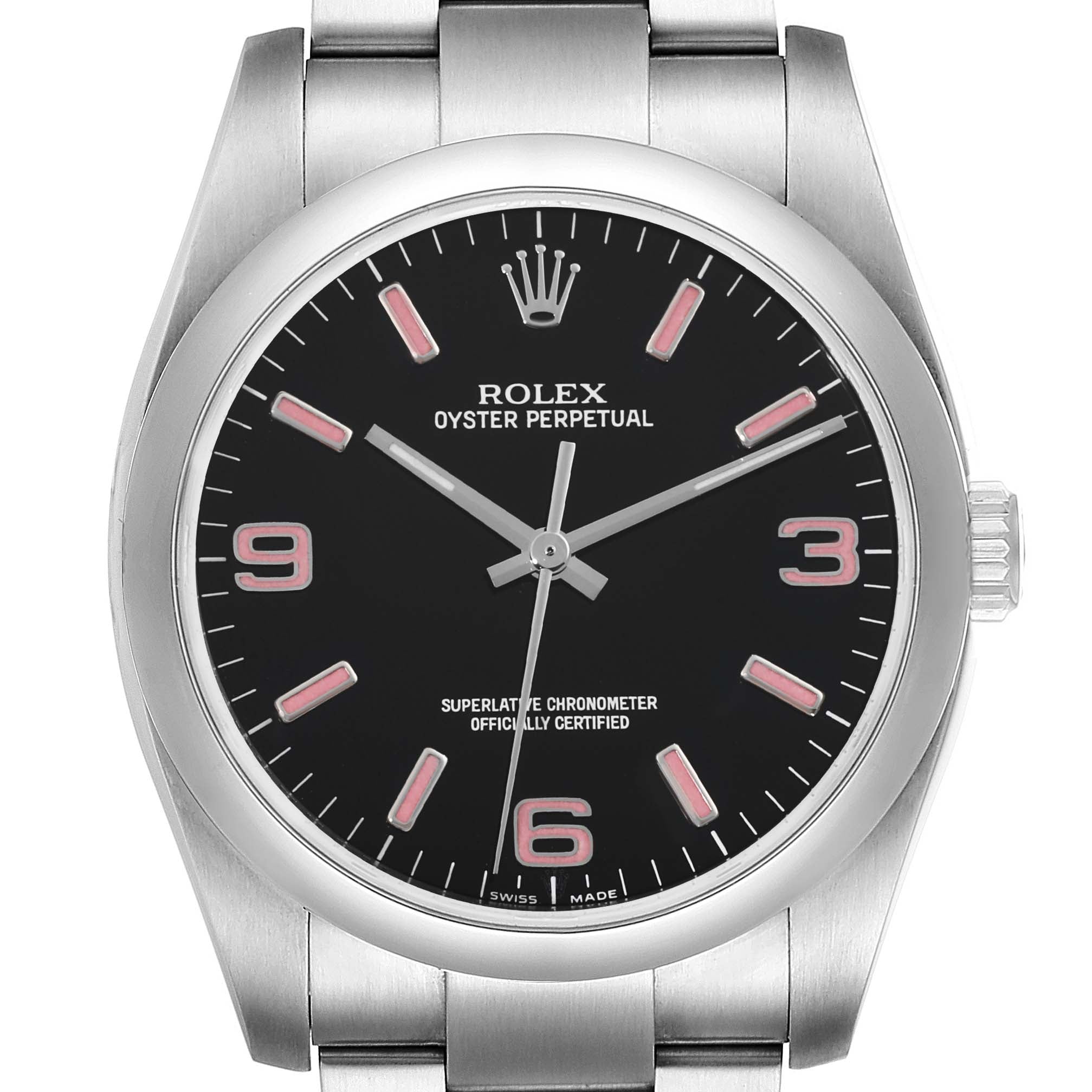 Rolex Oyster Perpetual 36 Pink Baton Black Dial Steel Watch 116000