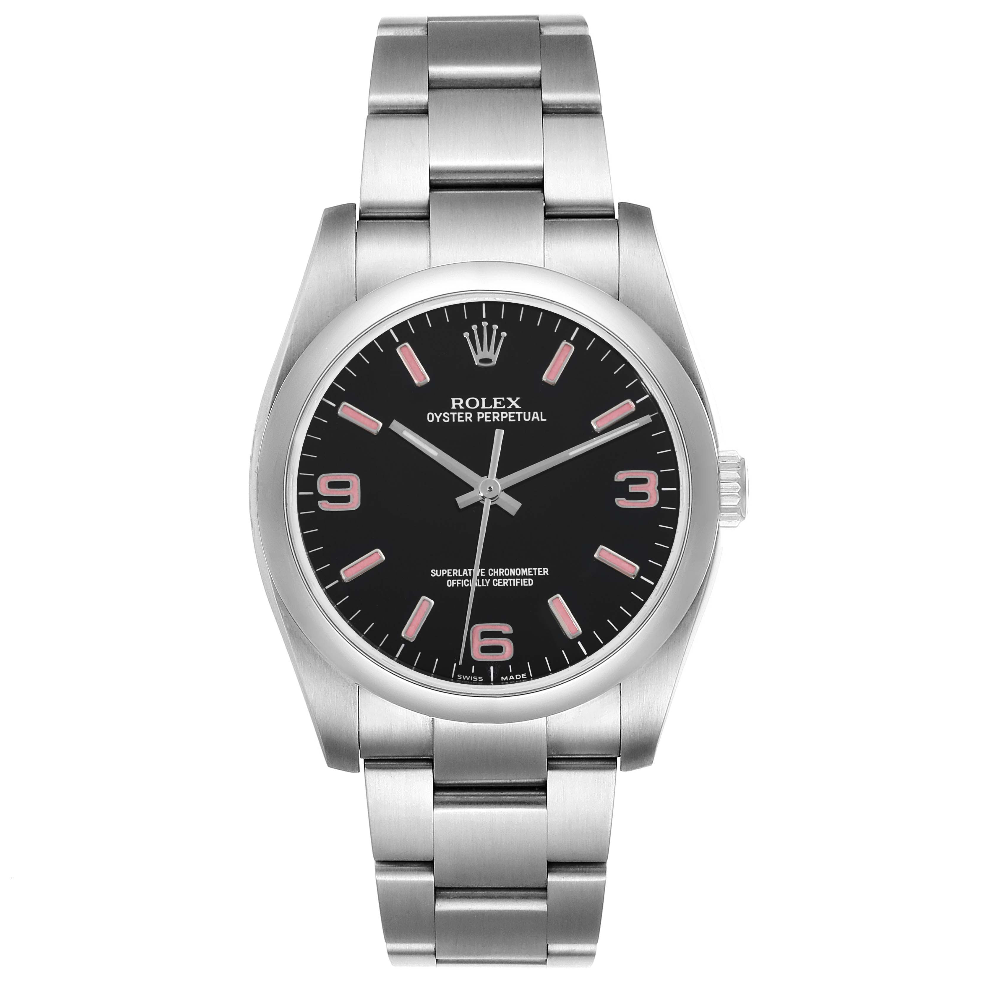 Rolex Oyster Perpetual 36 Pink Baton Black Dial Steel Watch 116000