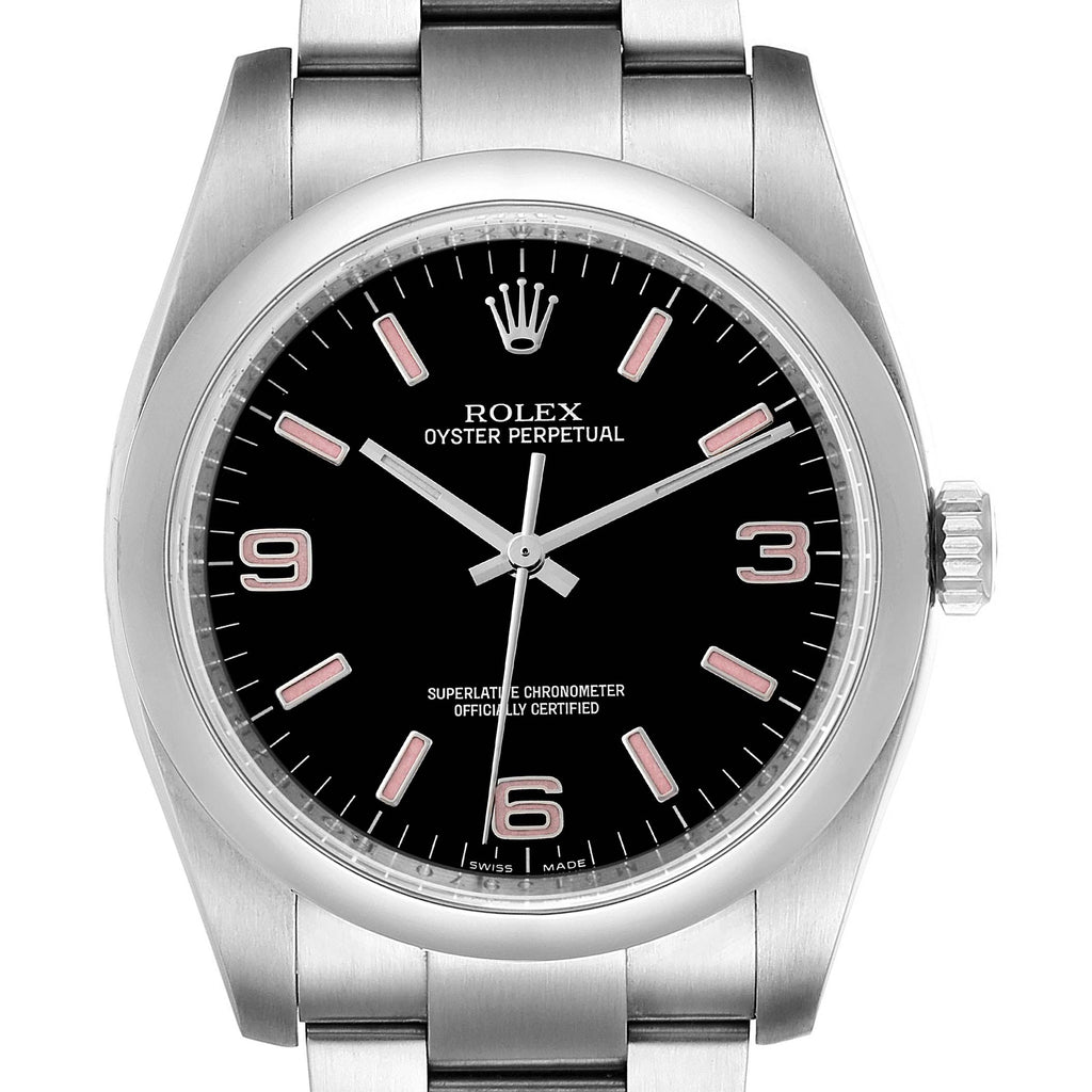 Rolex Oyster Perpetual 36 Pink Baton Black Dial Steel Watch 116000 Box Card