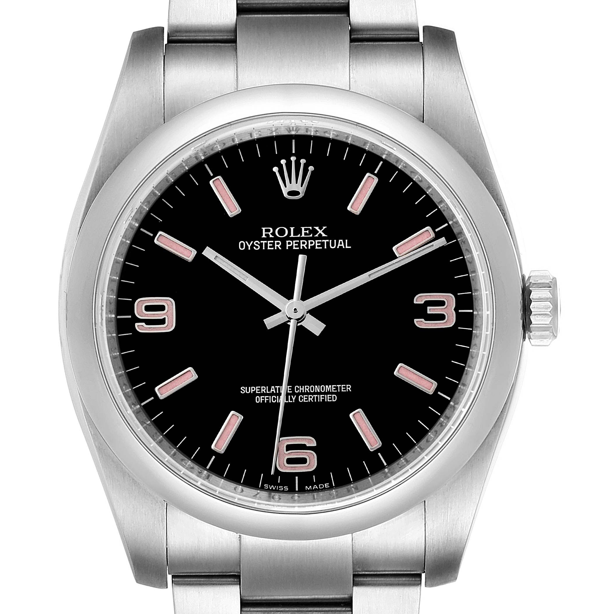 Rolex Oyster Perpetual 36 Pink Baton Black Dial Steel Watch 116000 Box Card