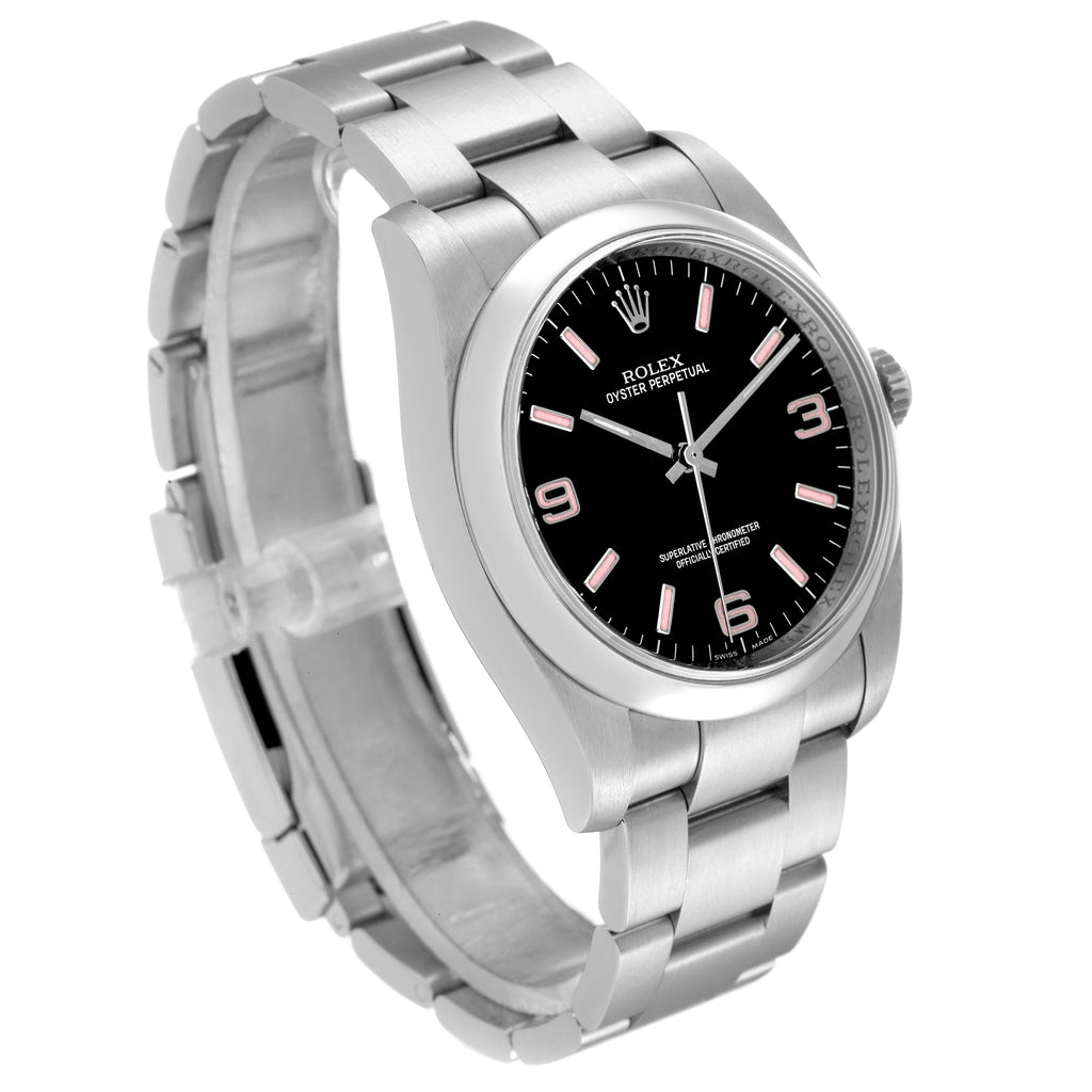 Rolex Oyster Perpetual 36 Pink Baton Black Dial Steel Watch 116000 Box Card
