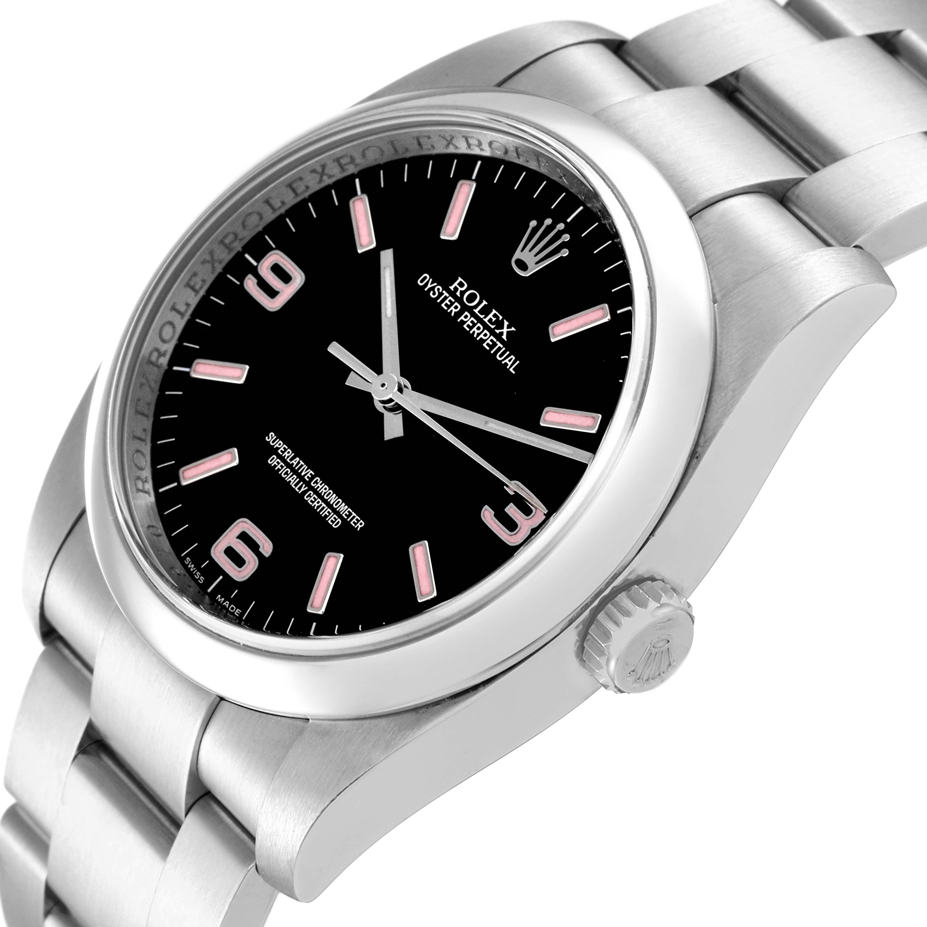 Rolex Oyster Perpetual 36 Pink Baton Black Dial Steel Watch 116000 Box Card