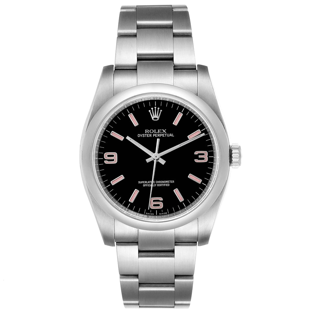 Rolex Oyster Perpetual 36 Pink Baton Black Dial Steel Watch 116000 Box Card