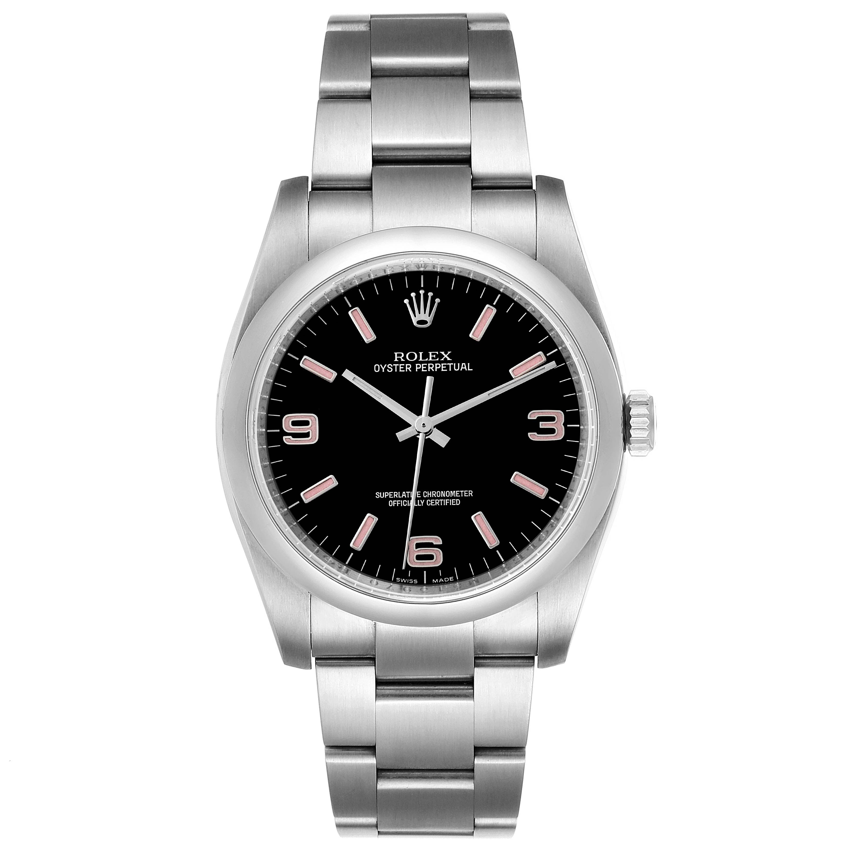 Rolex Oyster Perpetual 36 Pink Baton Black Dial Steel Watch 116000 Box Card