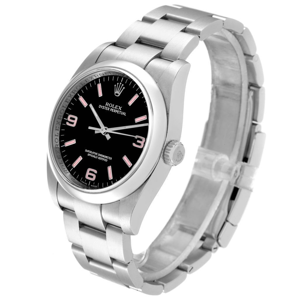 Rolex Oyster Perpetual 36 Pink Baton Black Dial Steel Watch 116000 Box Card