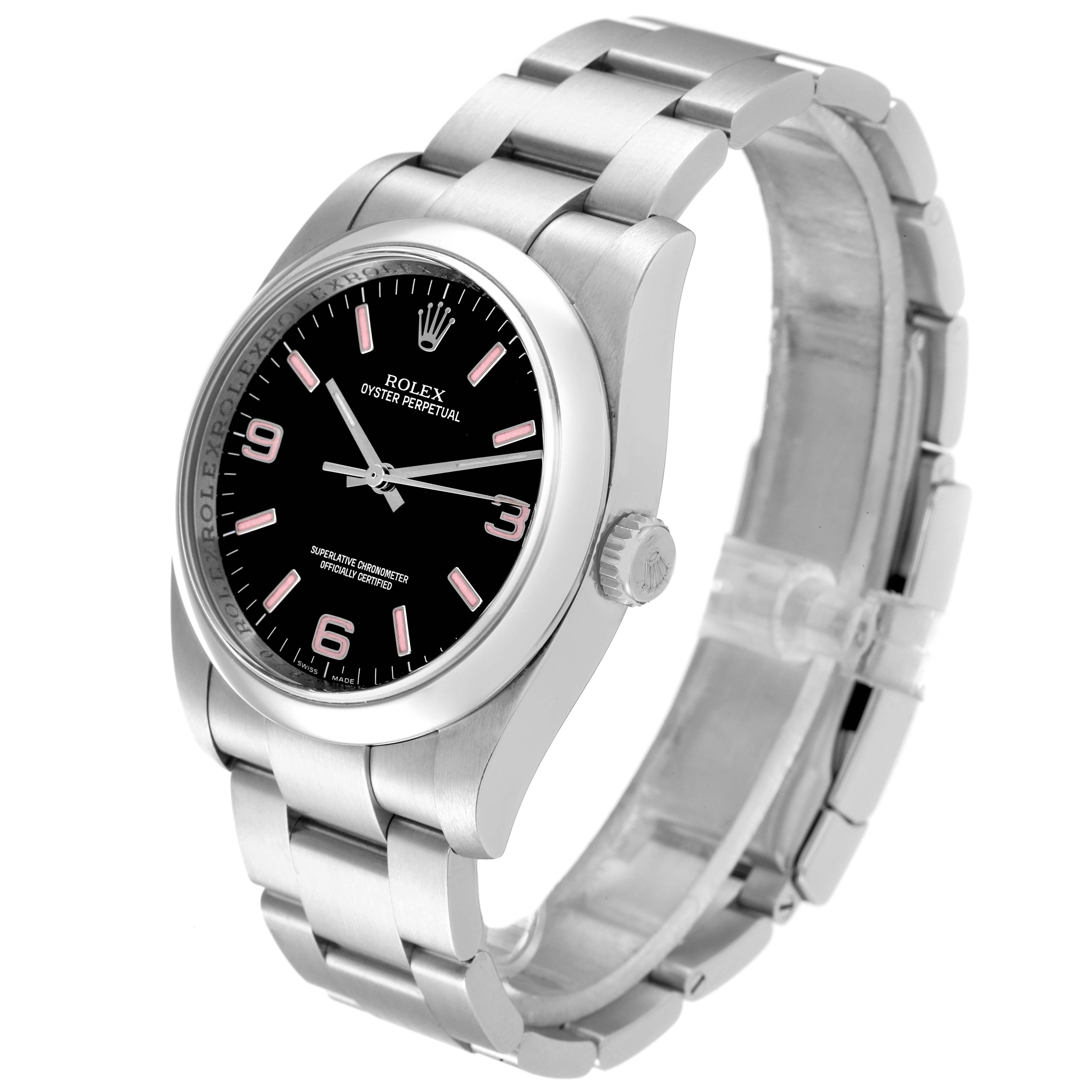 Rolex Oyster Perpetual 36 Pink Baton Black Dial Steel Watch 116000 Box Card