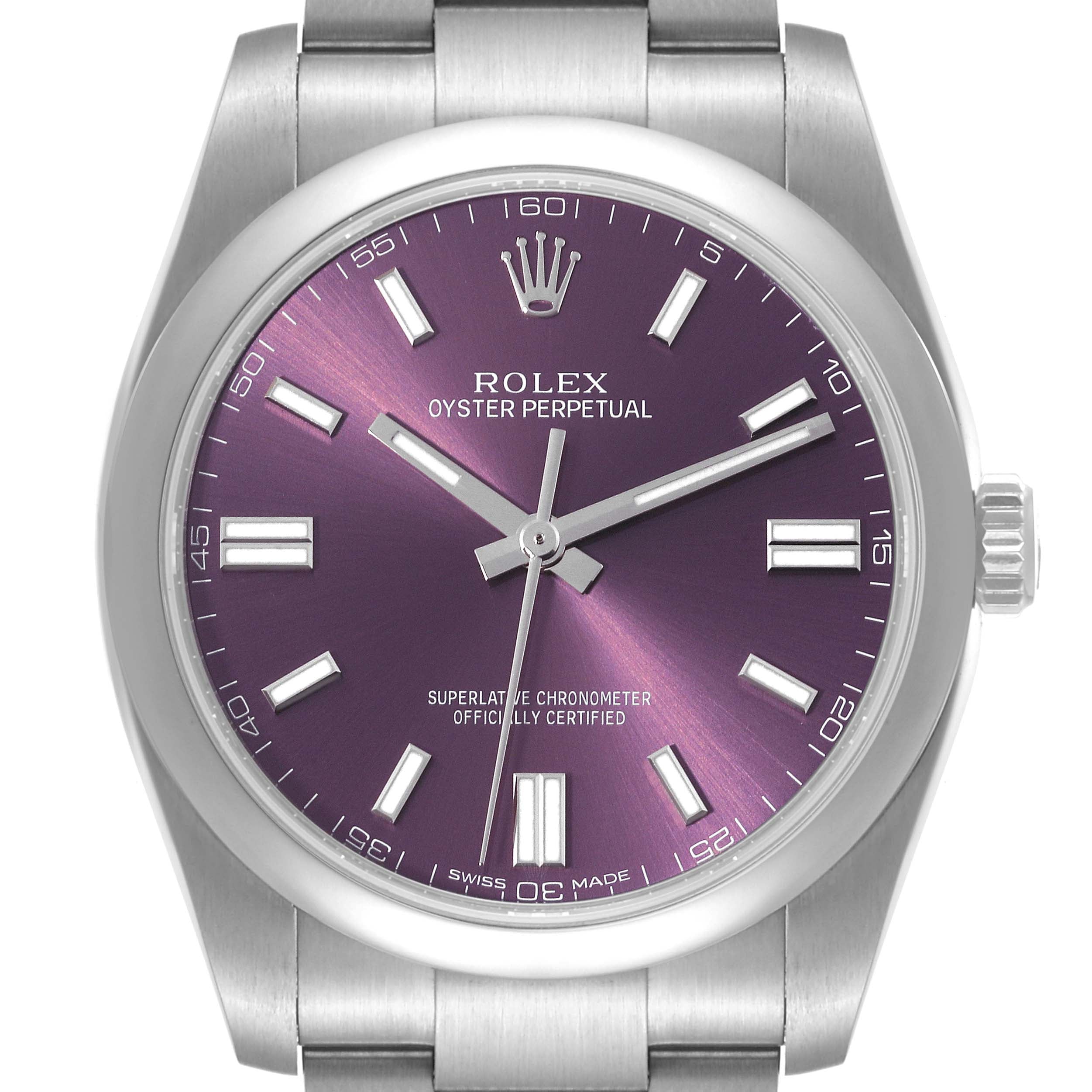 Rolex Oyster Perpetual 36 Red Grape Dial Steel Mens Watch 116000 Box Card