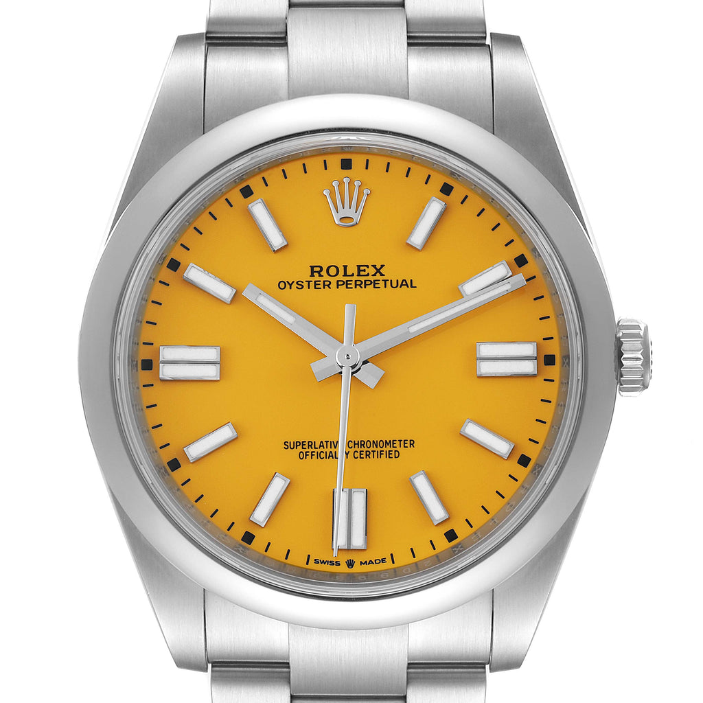 Rolex Oyster Perpetual 41mm Yellow Dial Steel Mens Watch 124300 Box Card