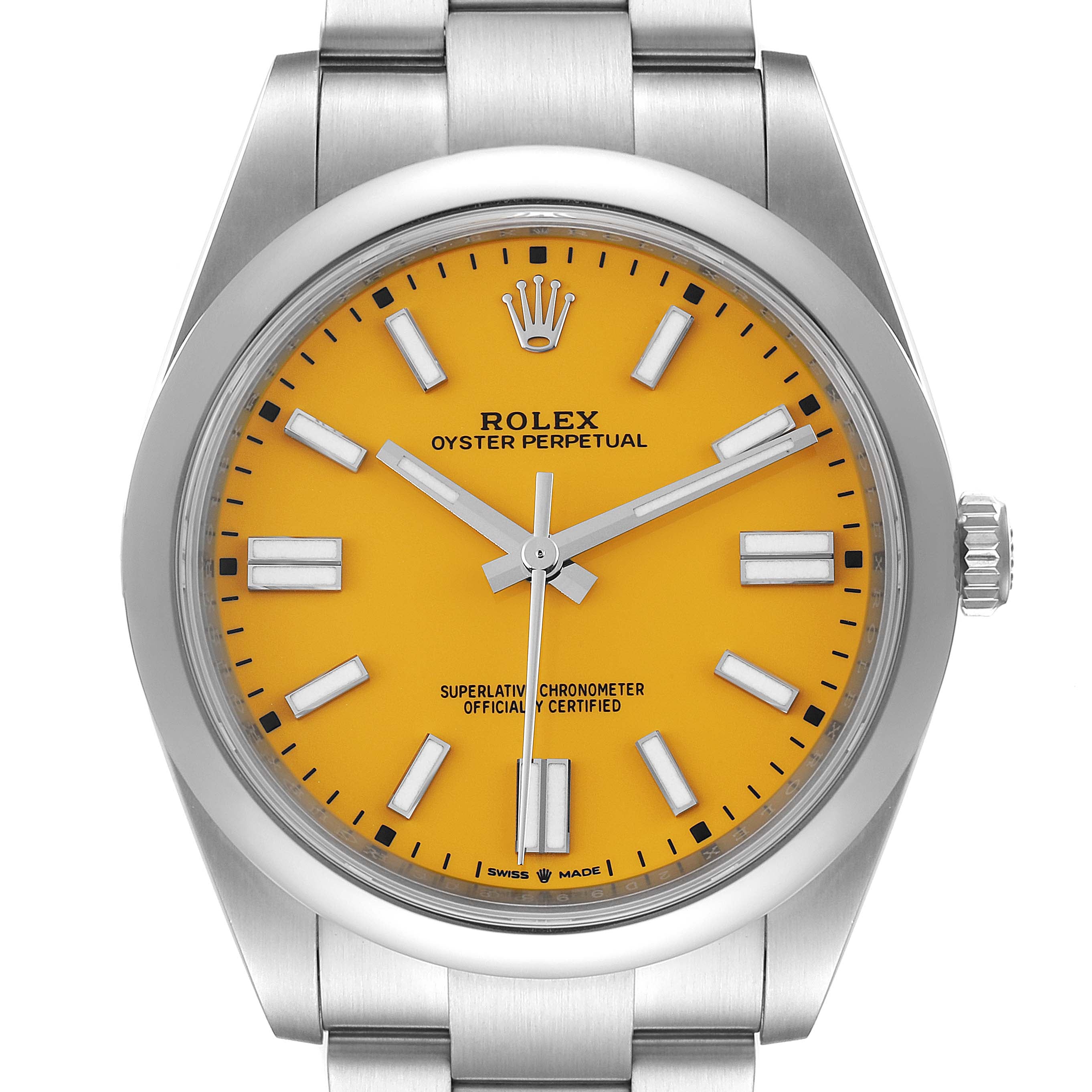 Rolex Oyster Perpetual 41mm Yellow Dial Steel Mens Watch 124300 Box Card