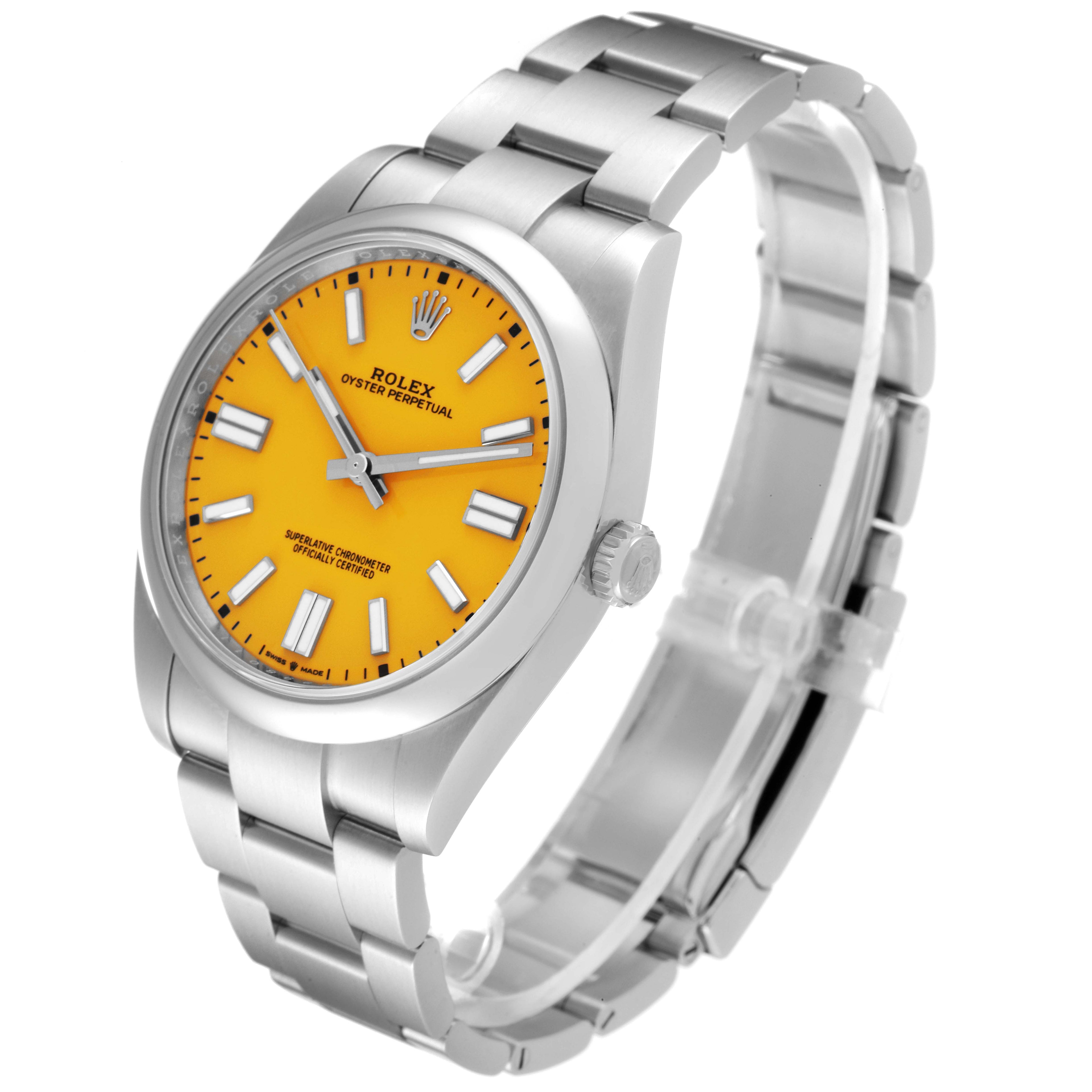 Rolex Oyster Perpetual 41mm Yellow Dial Steel Mens Watch 124300 Box Card
