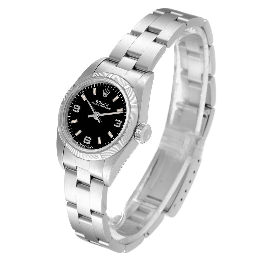 Rolex Oyster Perpetual Black Dial Oyster Bracelet Ladies Watch 67230 Box Papers