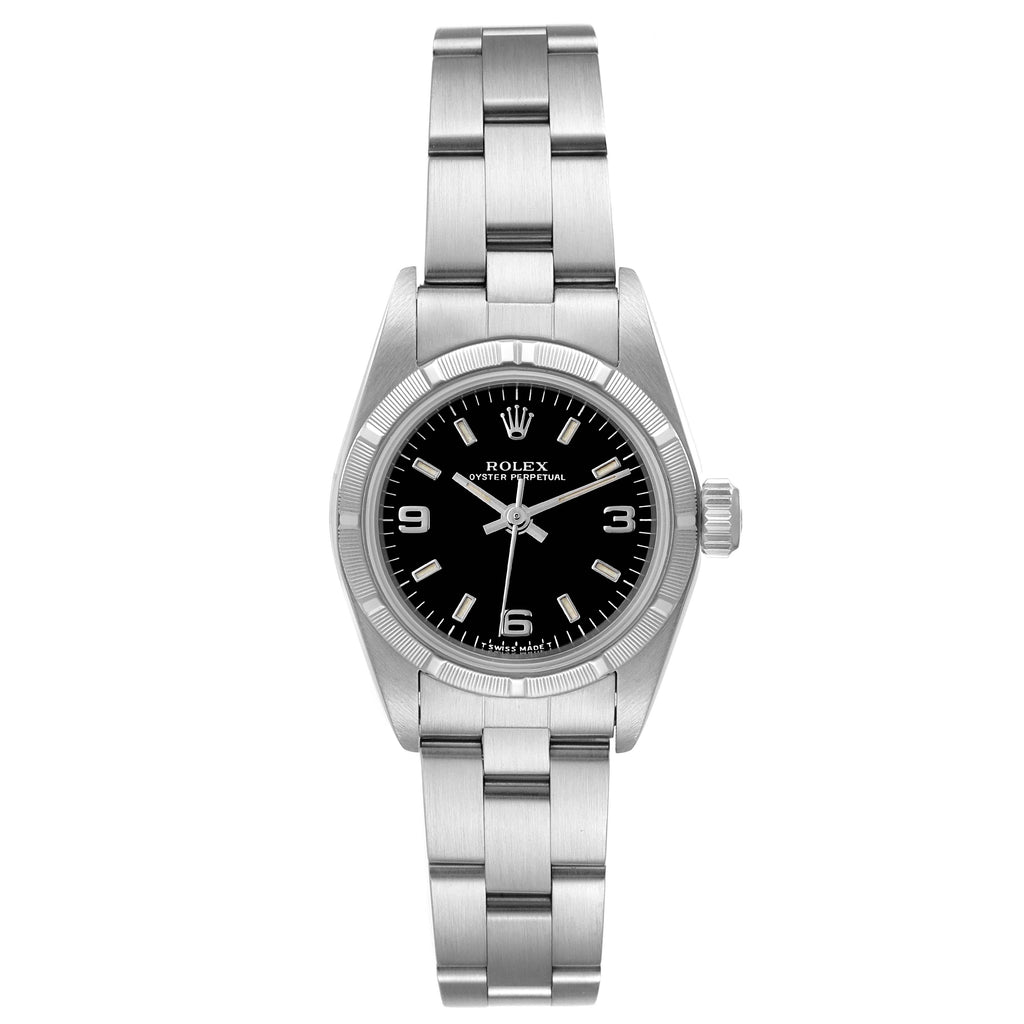 Rolex Oyster Perpetual Black Dial Oyster Bracelet Ladies Watch 67230 Box Papers