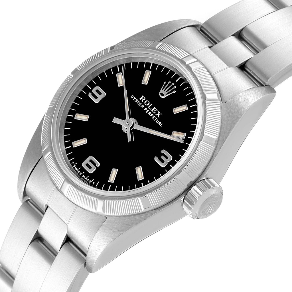 Rolex Oyster Perpetual Black Dial Oyster Bracelet Ladies Watch 67230 Box Papers