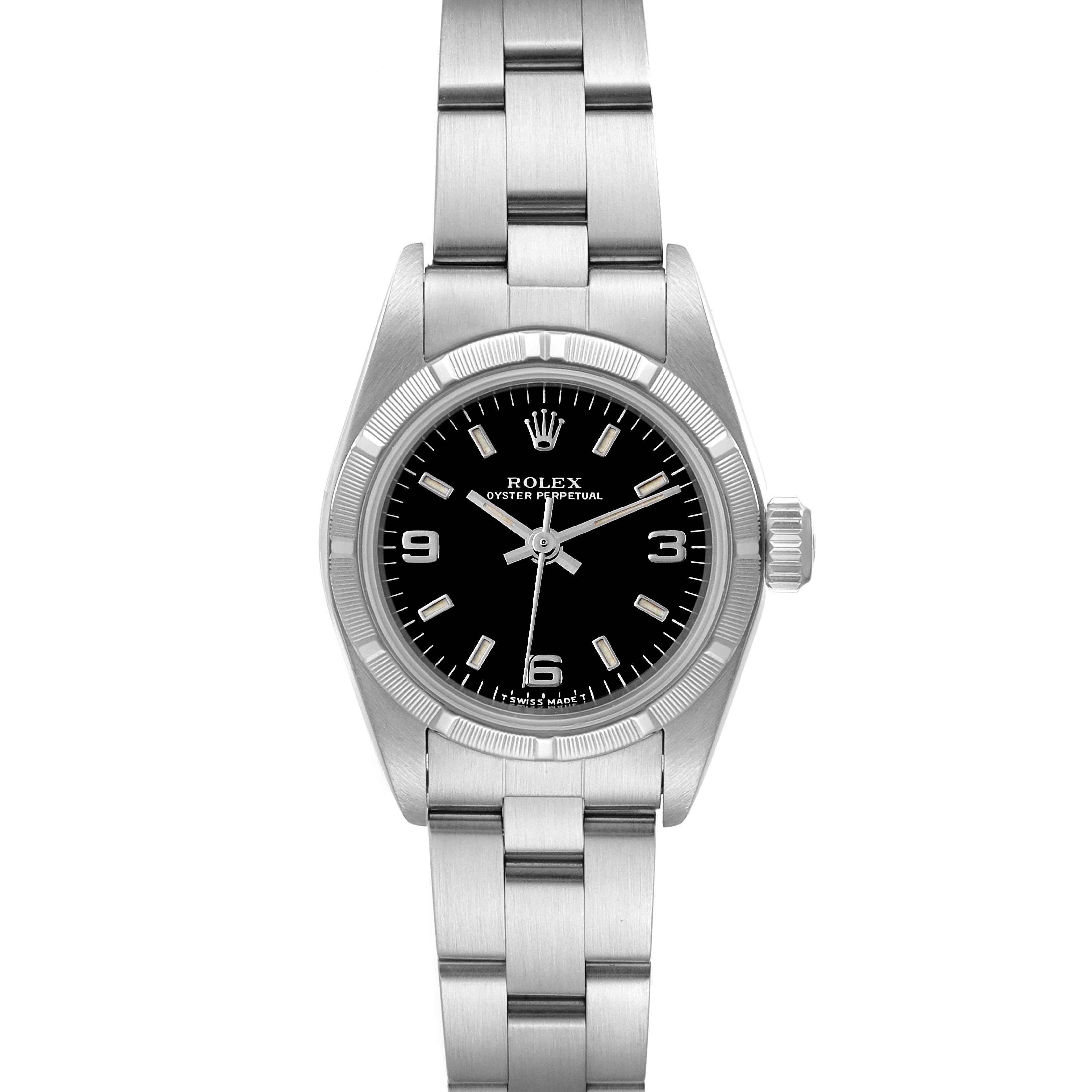 Rolex Oyster Perpetual Black Dial Oyster Bracelet Ladies Watch 67230 Box Papers