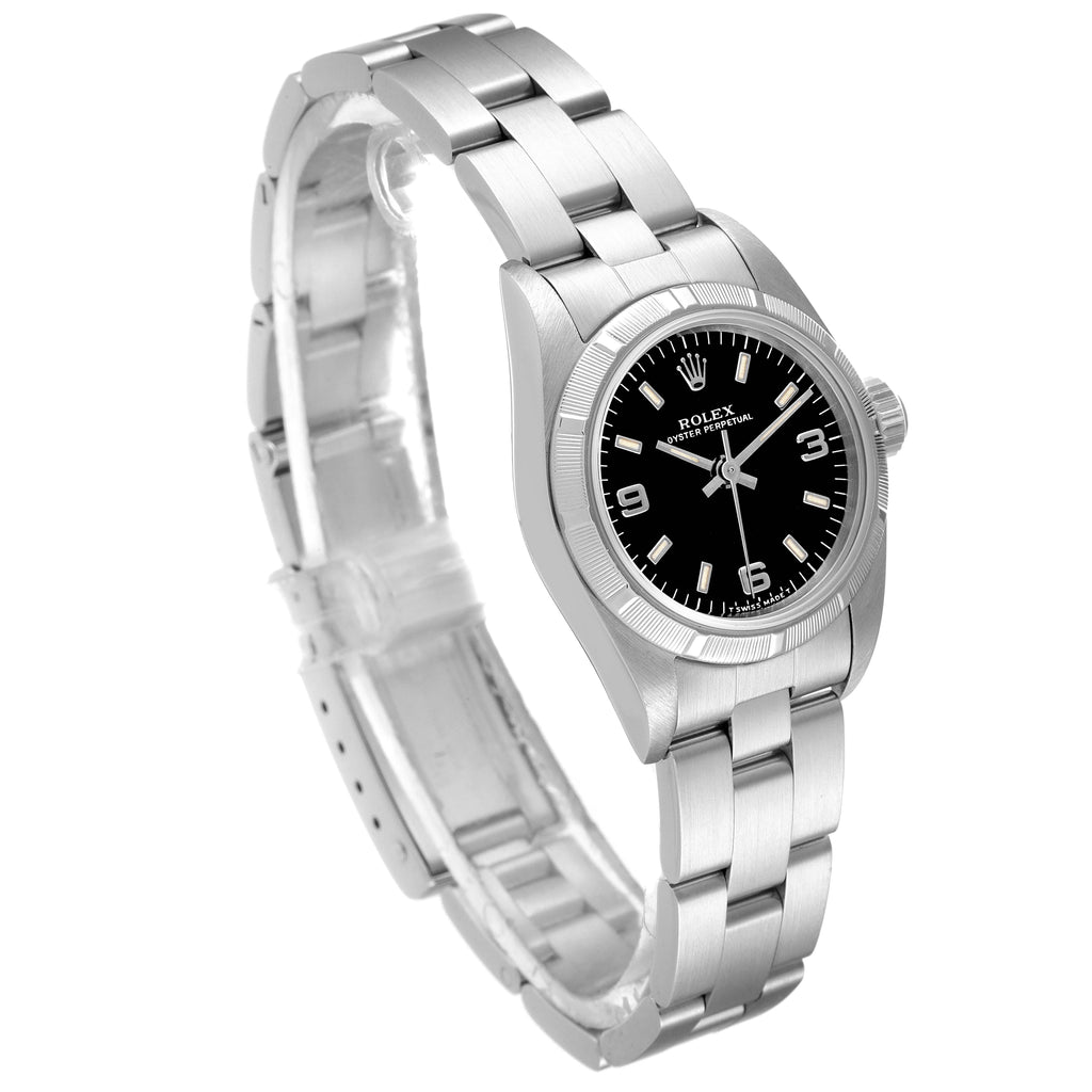 Rolex Oyster Perpetual Black Dial Oyster Bracelet Ladies Watch 67230 Box Papers
