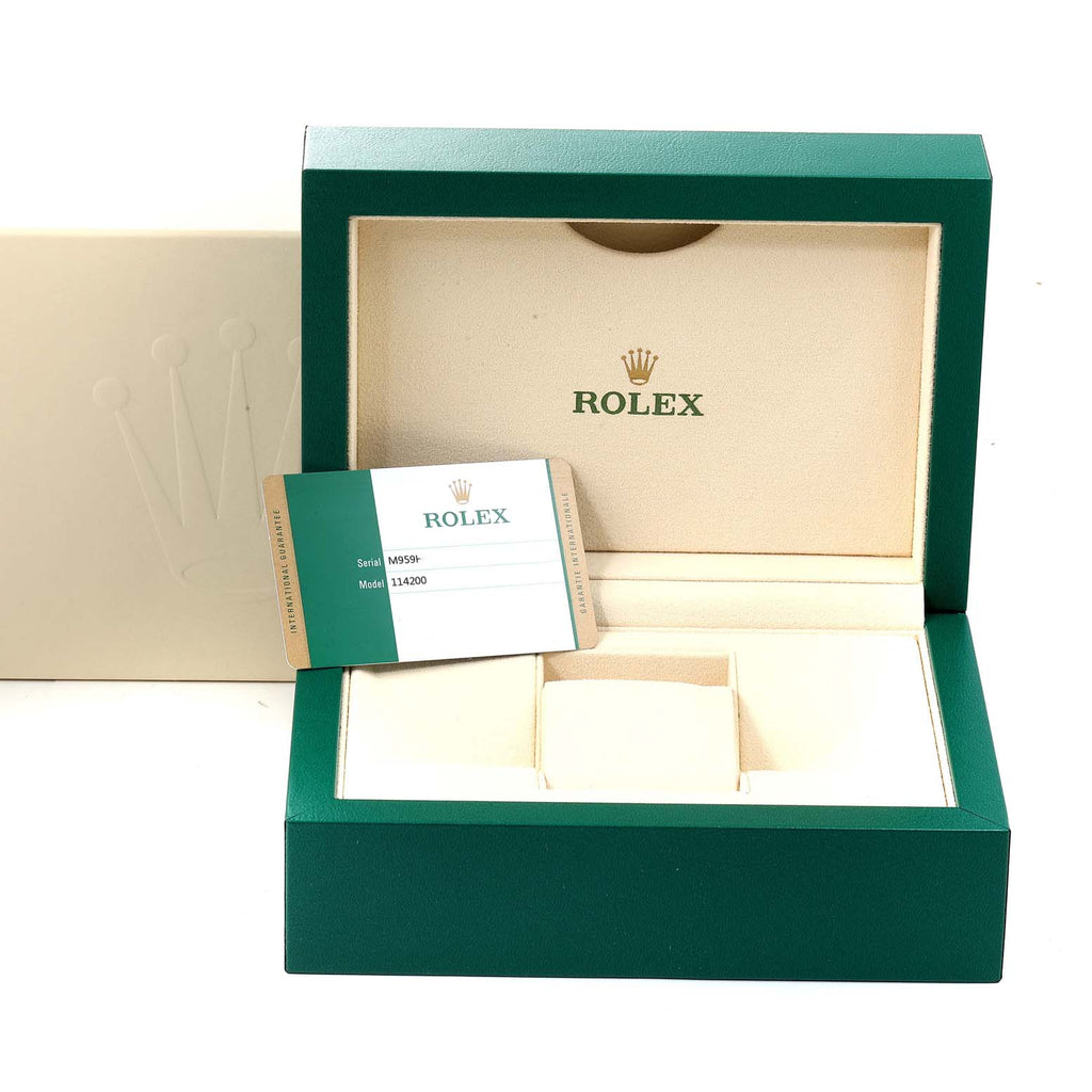 Rolex Oyster Perpetual Black Dial Steel Mens Watch 114200 Box Card