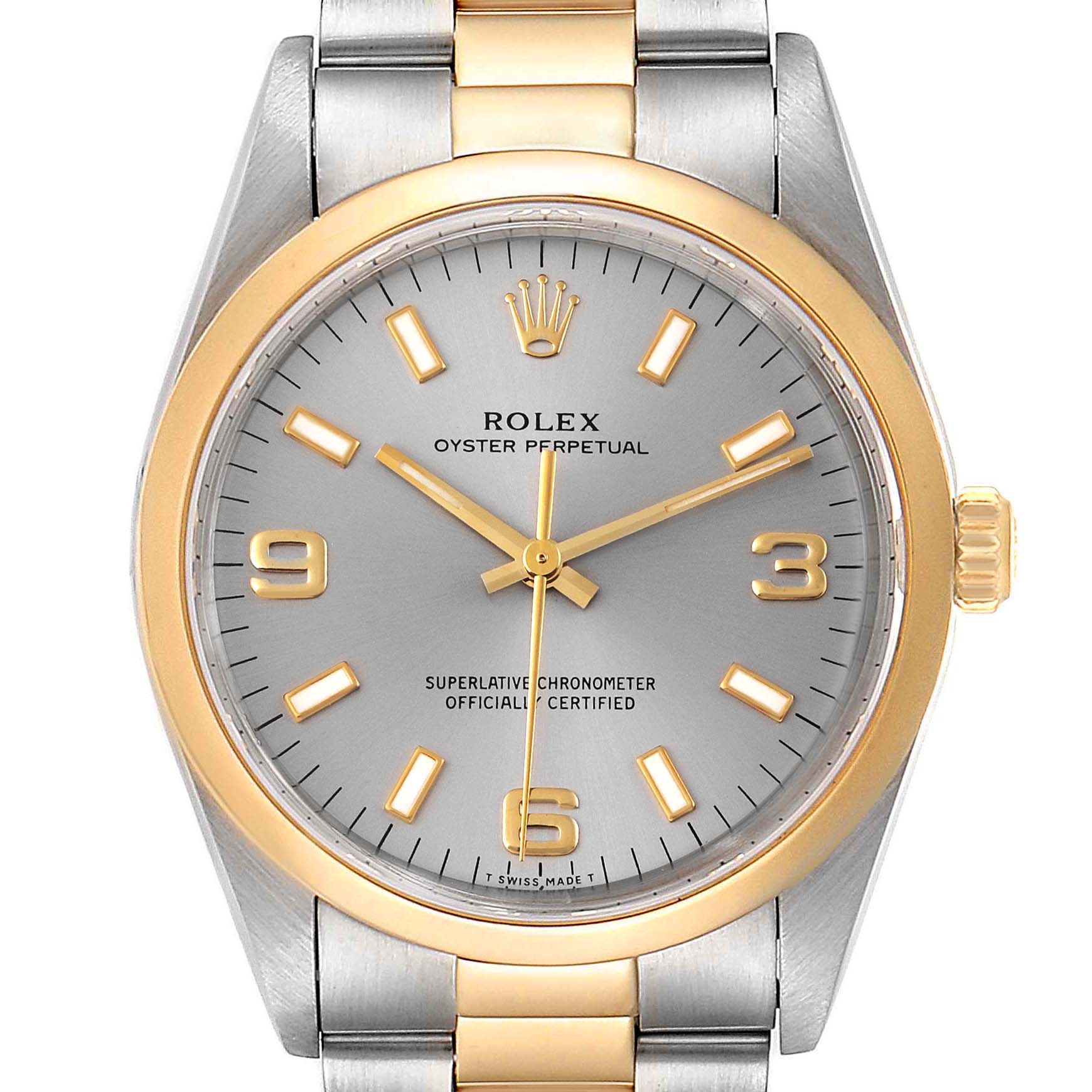 Rolex Oyster Perpetual Domed Bezel Steel Yellow Gold Watch 14203 Box Papers