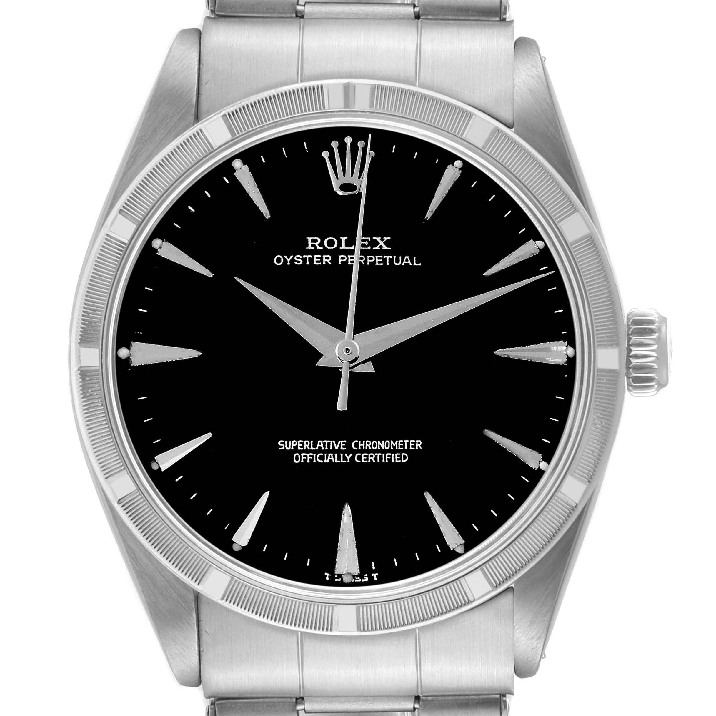 Rolex Oyster Perpetual Engine Turned Bezel Steel Vintage Mens Watch 1007