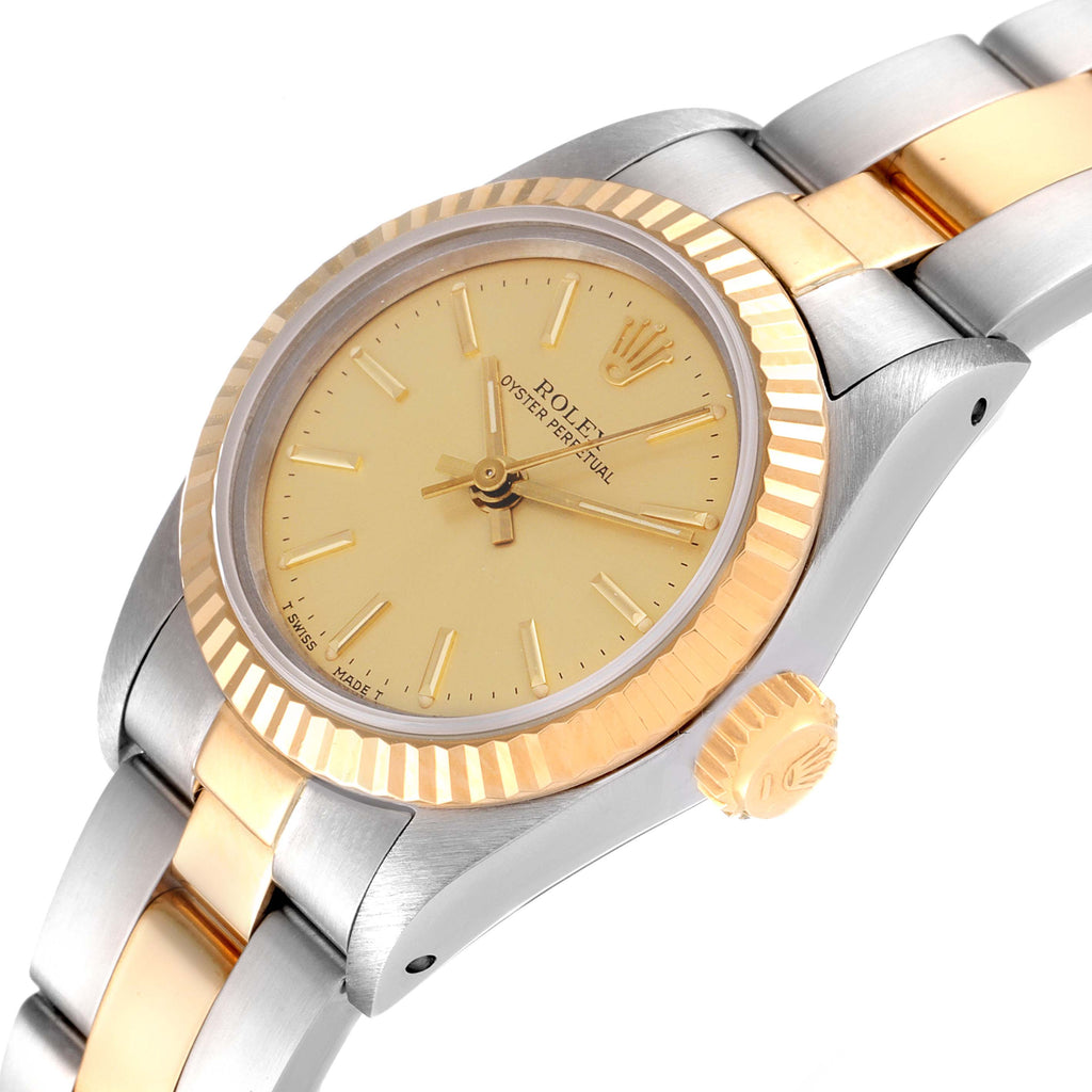 Rolex Oyster Perpetual Fluted Bezel Steel Yellow Gold Watch 67193 Box Papers