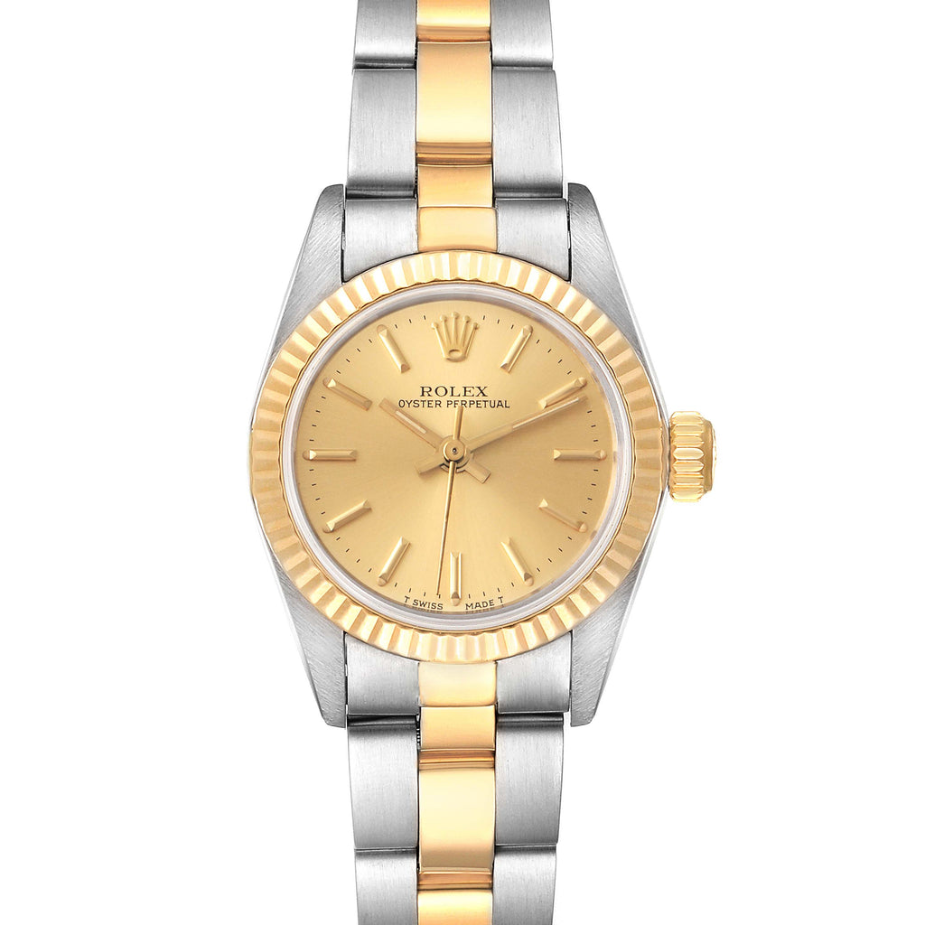 Rolex Oyster Perpetual Fluted Bezel Steel Yellow Gold Watch 67193 Box Papers