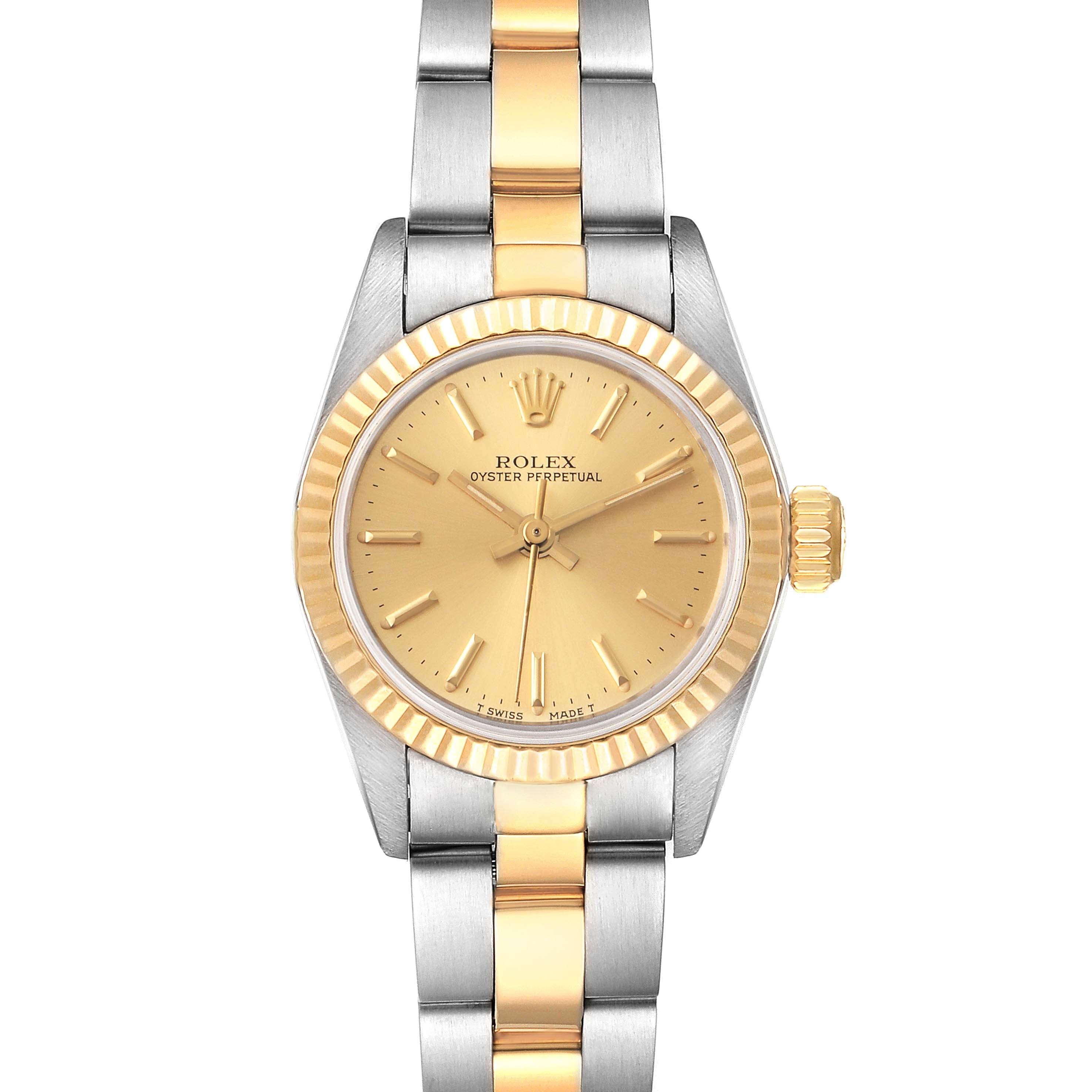 Rolex Oyster Perpetual Fluted Bezel Steel Yellow Gold Watch 67193 Box Papers