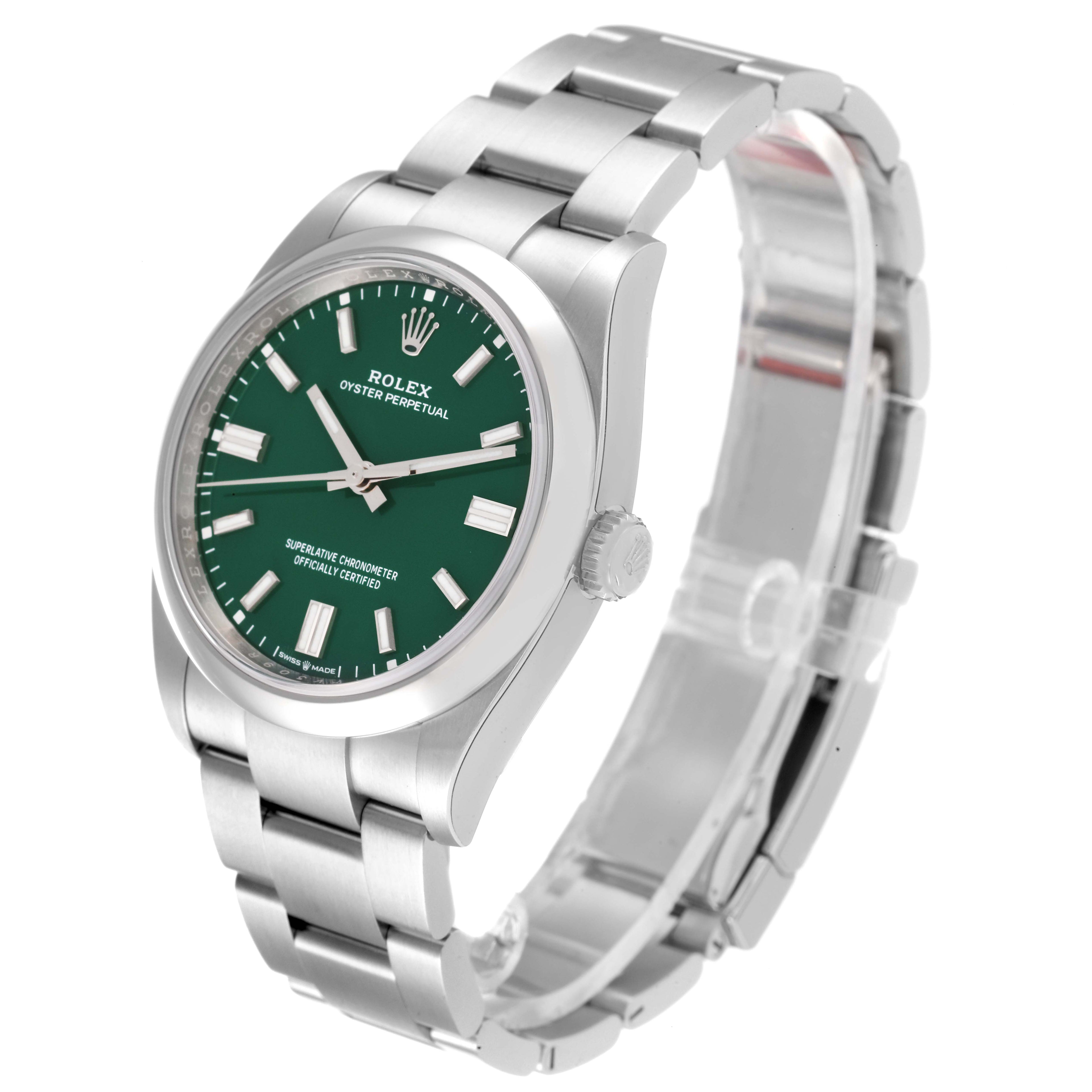 Rolex Oyster Perpetual Green Dial Steel Mens Watch 126000 Unworn