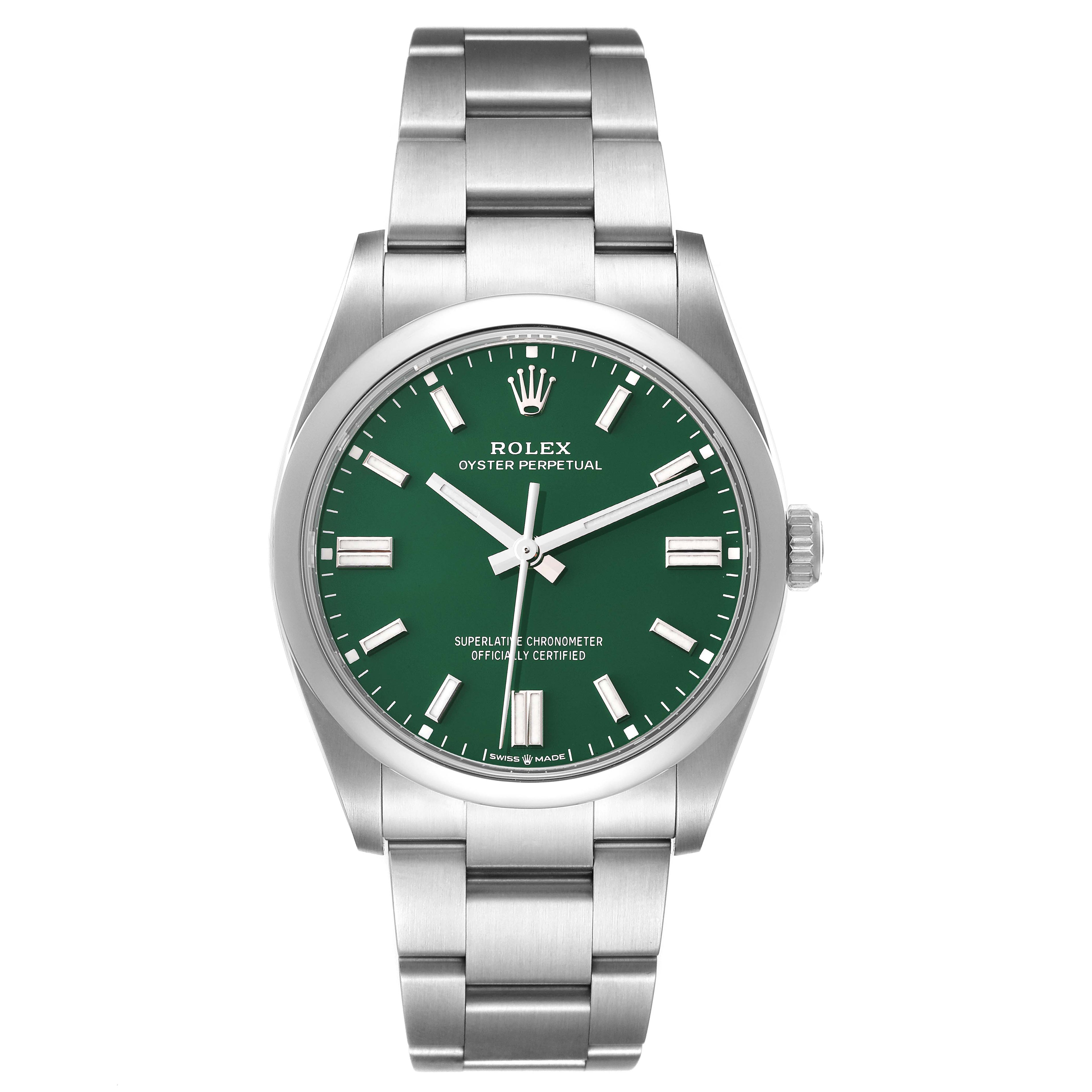 Rolex Oyster Perpetual Green Dial Steel Mens Watch 126000 Unworn