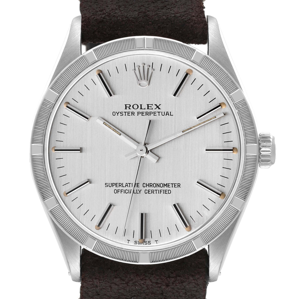 Rolex Oyster Perpetual Linen Dial Engine Turned Bezel Vintage Mens Watch 1007