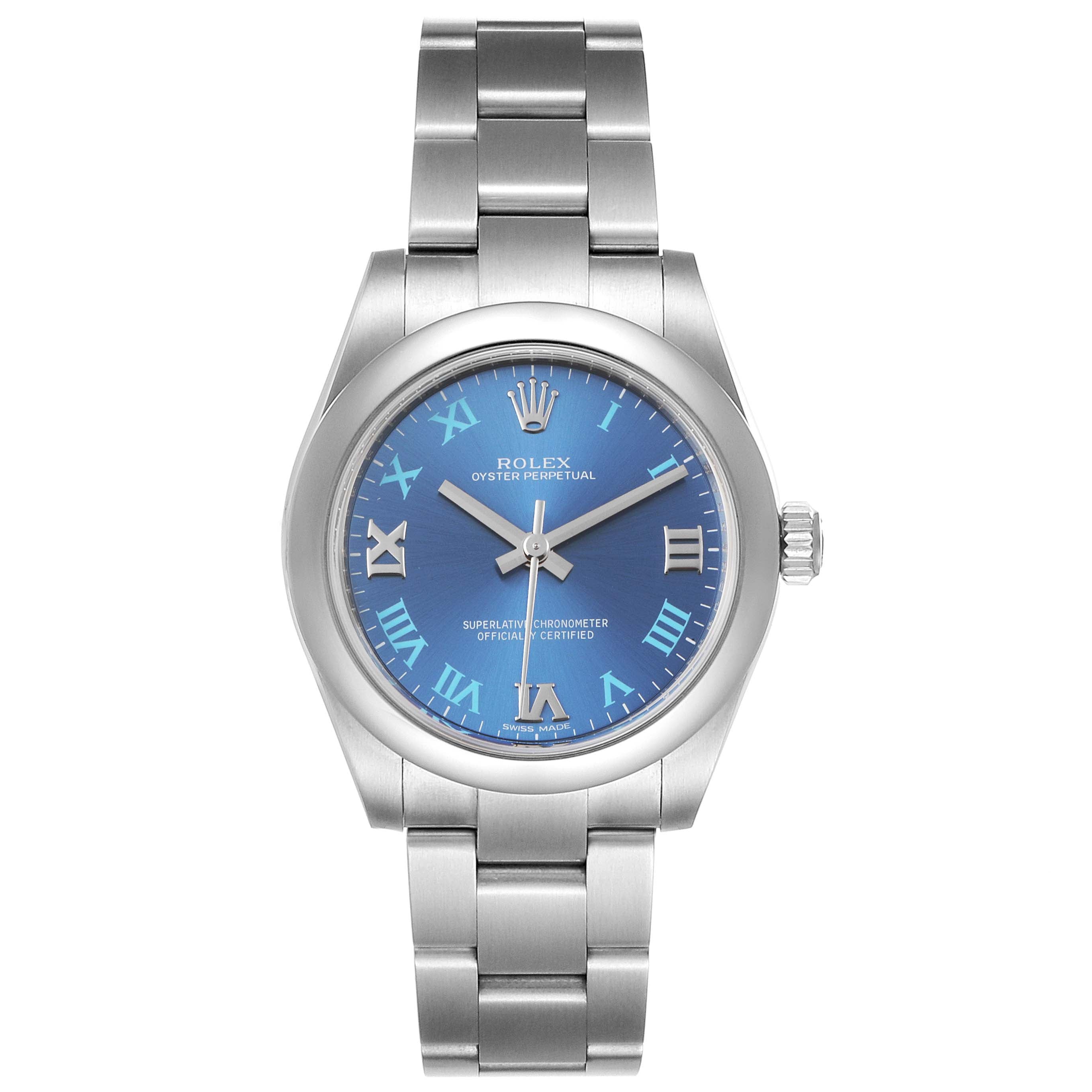 Rolex Oyster Perpetual Midsize 31 Blue Dial Ladies Watch 177200 Box Card
