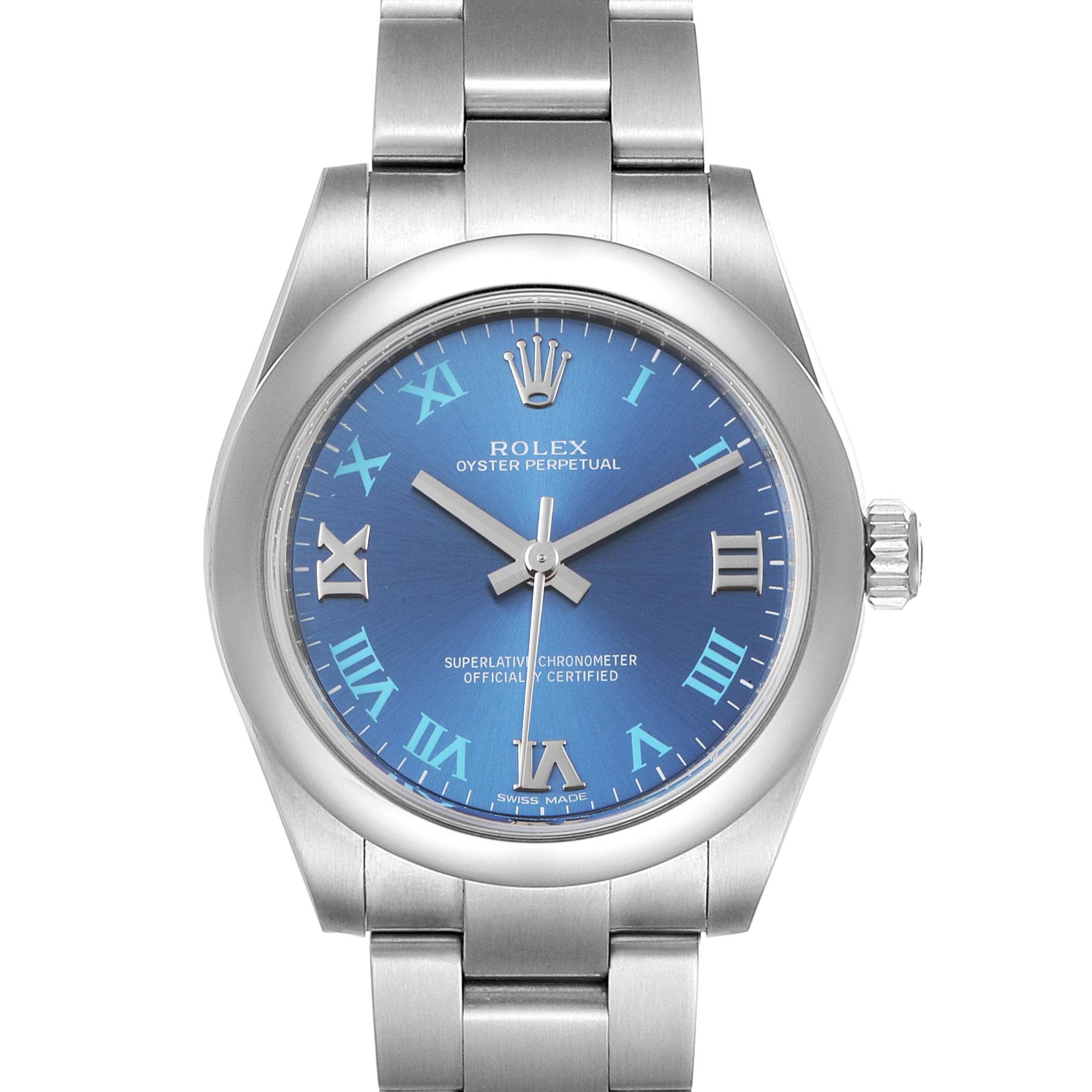 Rolex Oyster Perpetual Midsize 31 Blue Dial Ladies Watch 177200 Box Card