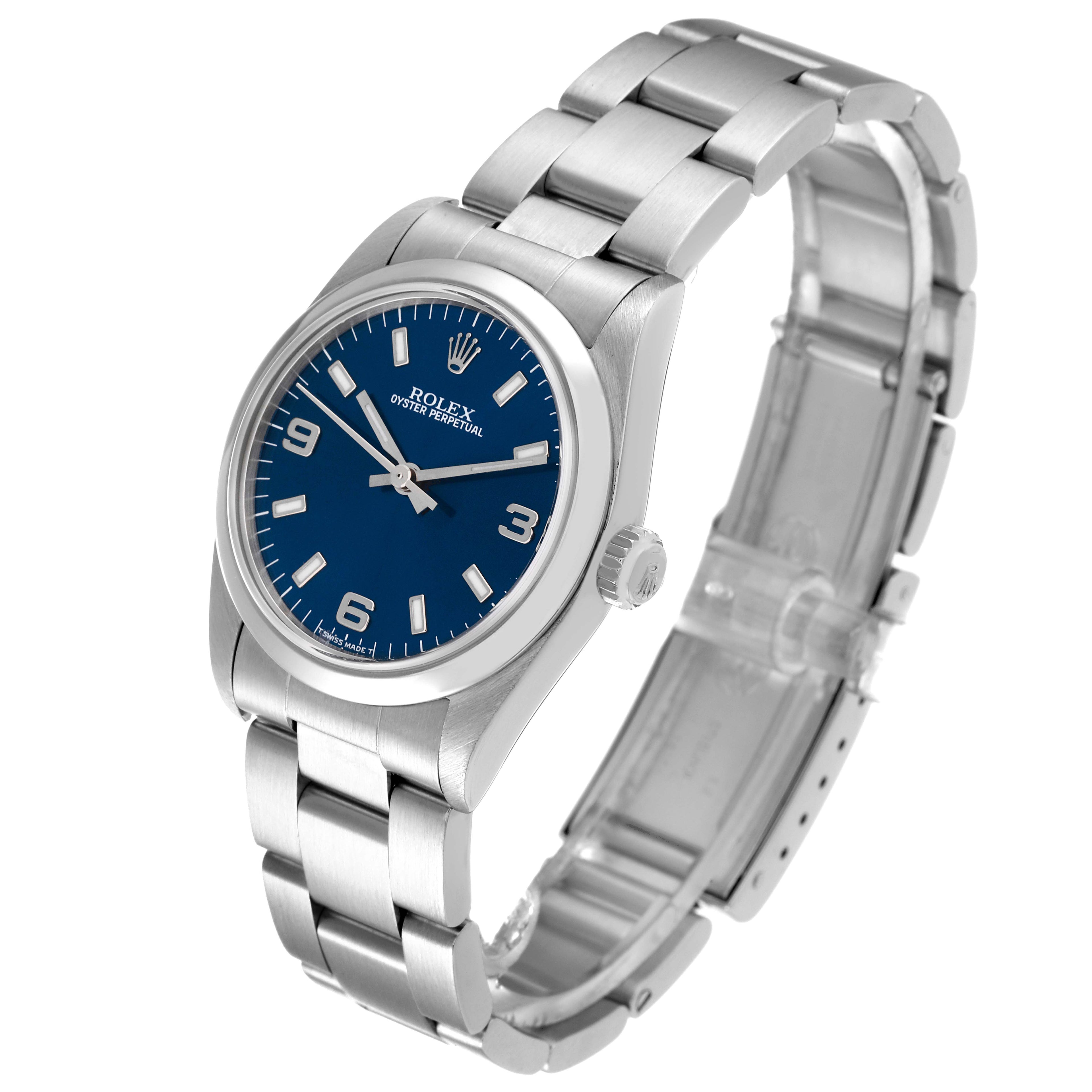 Rolex Oyster Perpetual Midsize 31mm Blue Dial Steel Ladies Watch 77080 Box Paper