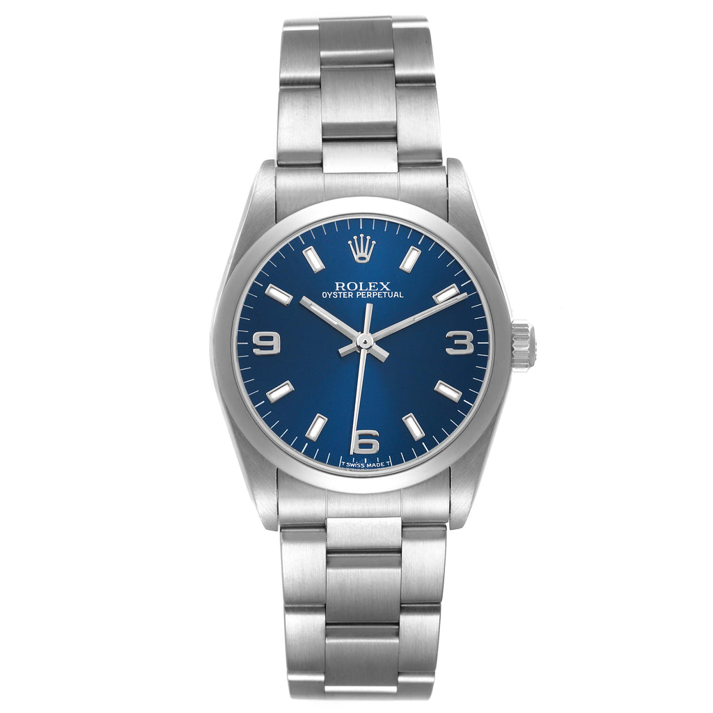 Rolex Oyster Perpetual Midsize 31mm Blue Dial Steel Ladies Watch 77080 Box Paper