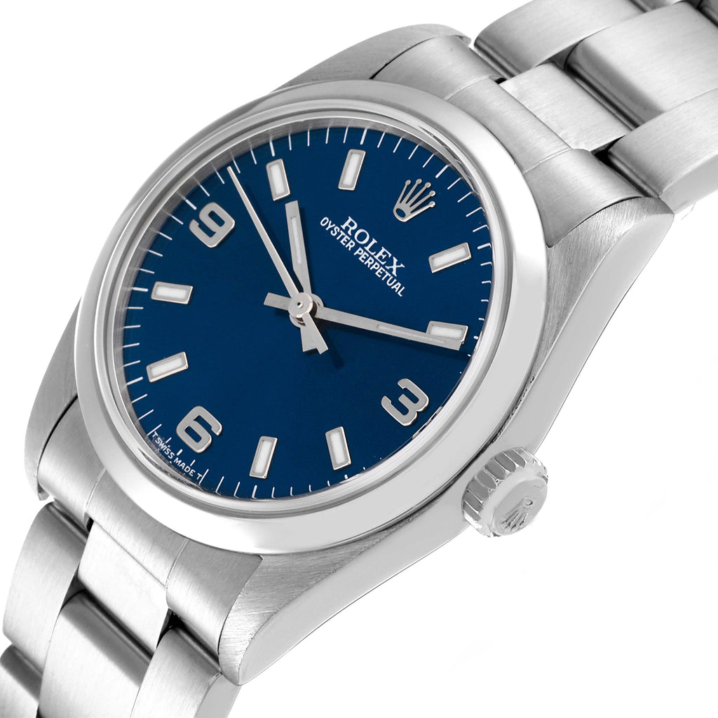 Rolex Oyster Perpetual Midsize 31mm Blue Dial Steel Ladies Watch 77080 Box Paper