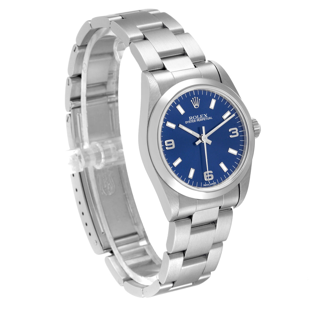 Rolex Oyster Perpetual Midsize 31mm Steel Blue Dial Ladies Watch 77080 Papers