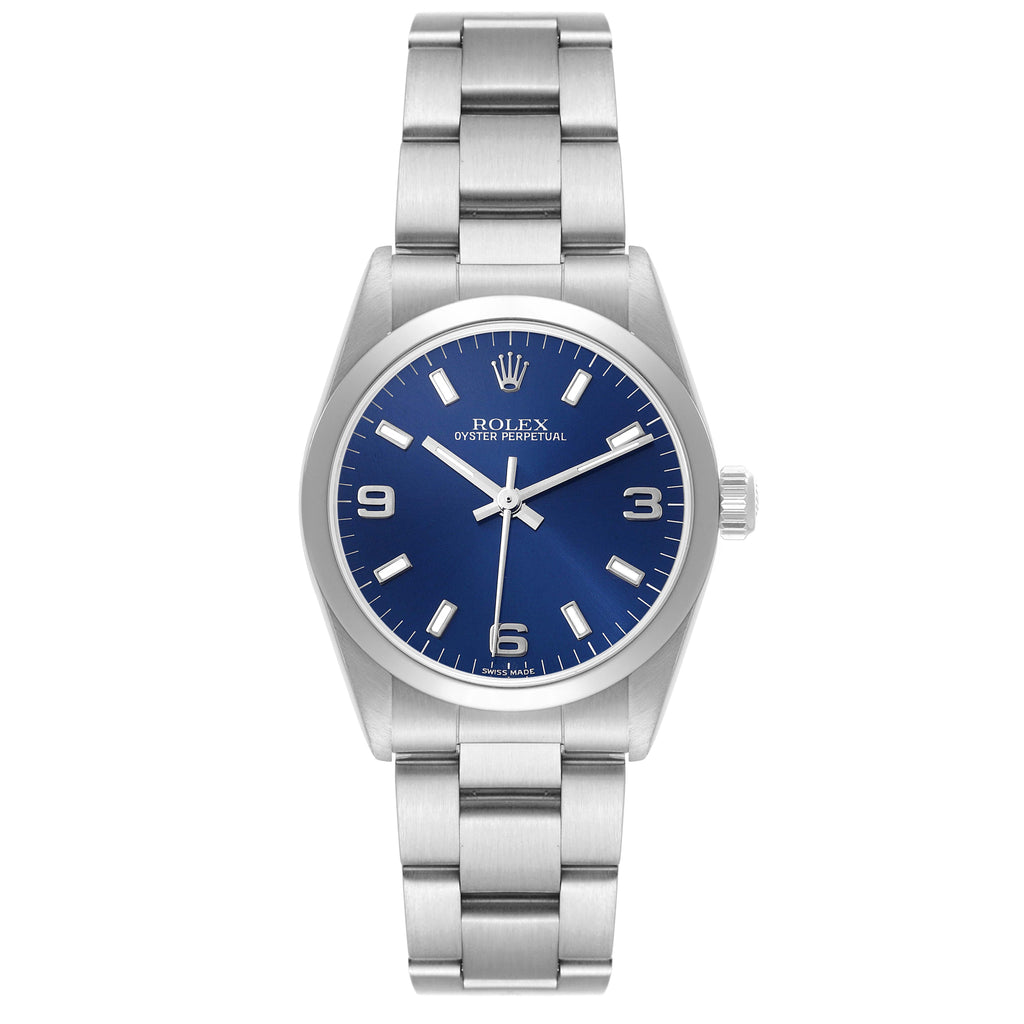 Rolex Oyster Perpetual Midsize 31mm Steel Blue Dial Ladies Watch 77080 Papers