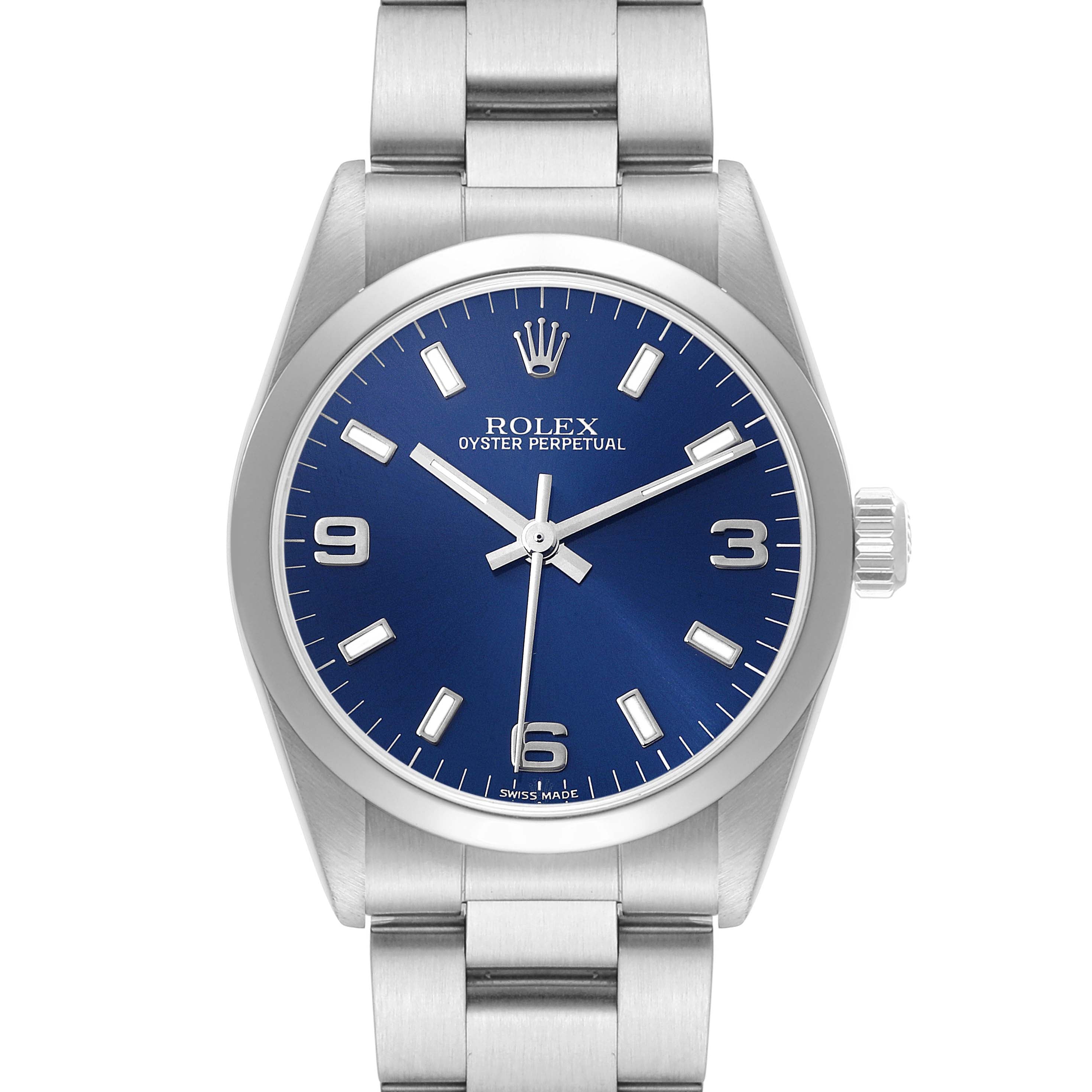 Rolex Oyster Perpetual Midsize 31mm Steel Blue Dial Ladies Watch 77080 Papers