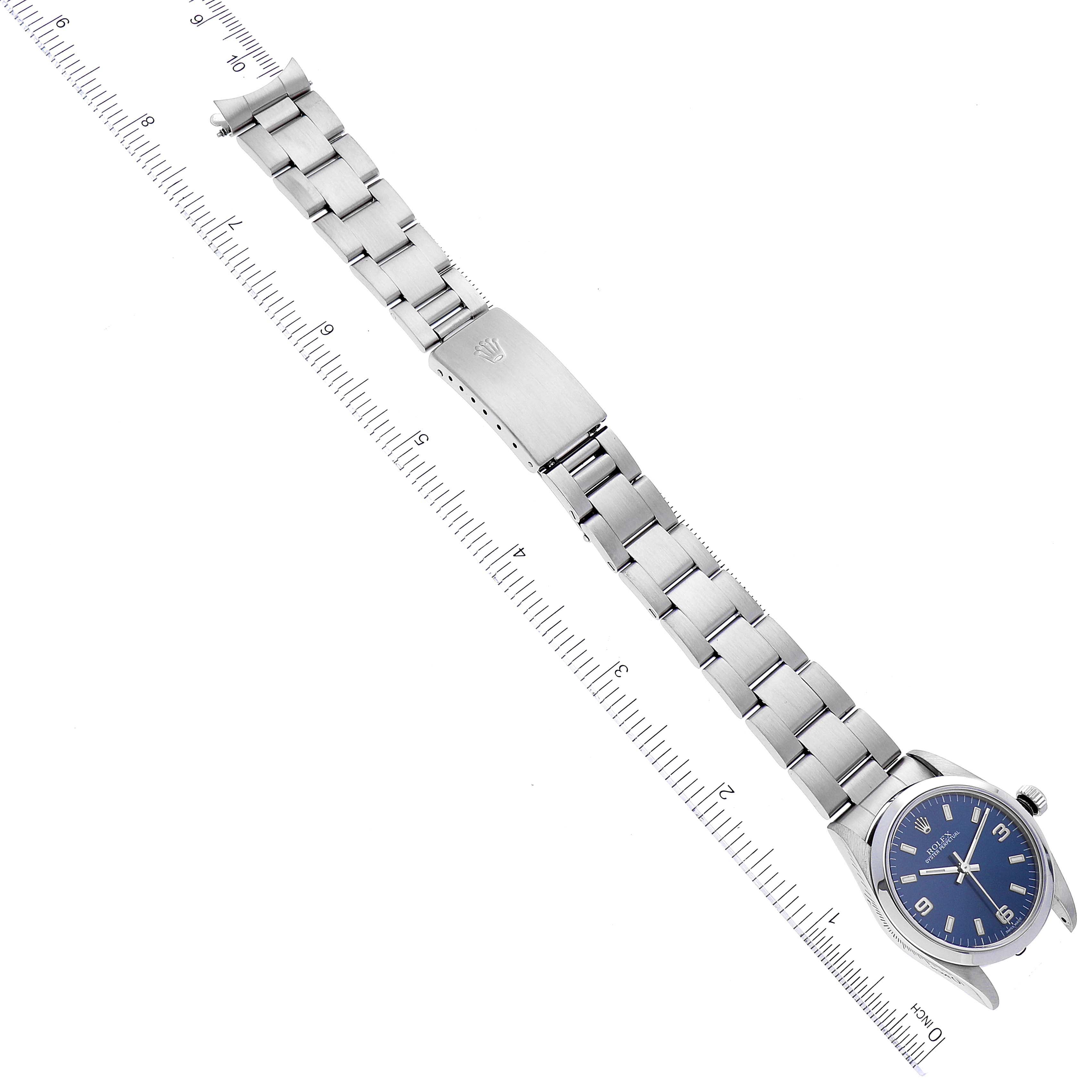 Rolex Oyster Perpetual Midsize 31mm Steel Blue Dial Ladies Watch 77080 Papers