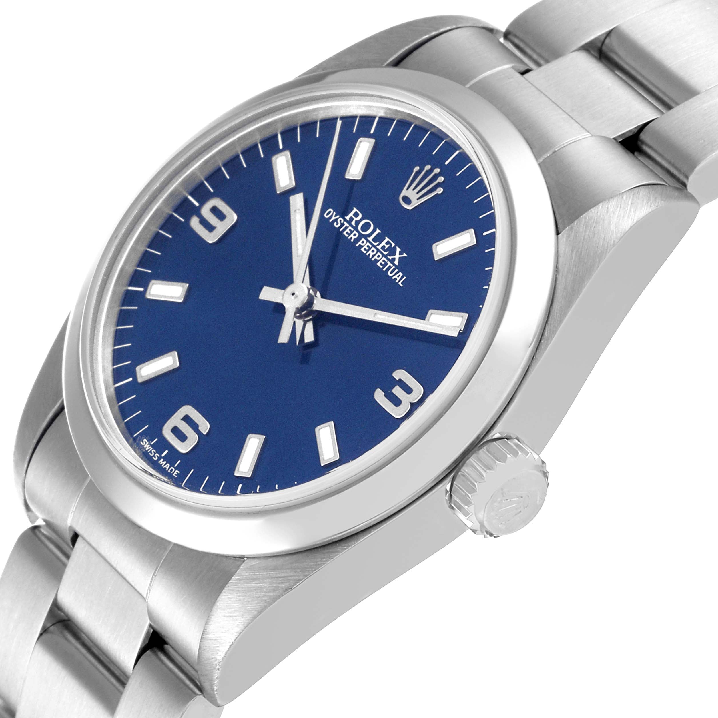 Rolex Oyster Perpetual Midsize 31mm Steel Blue Dial Ladies Watch 77080 Papers