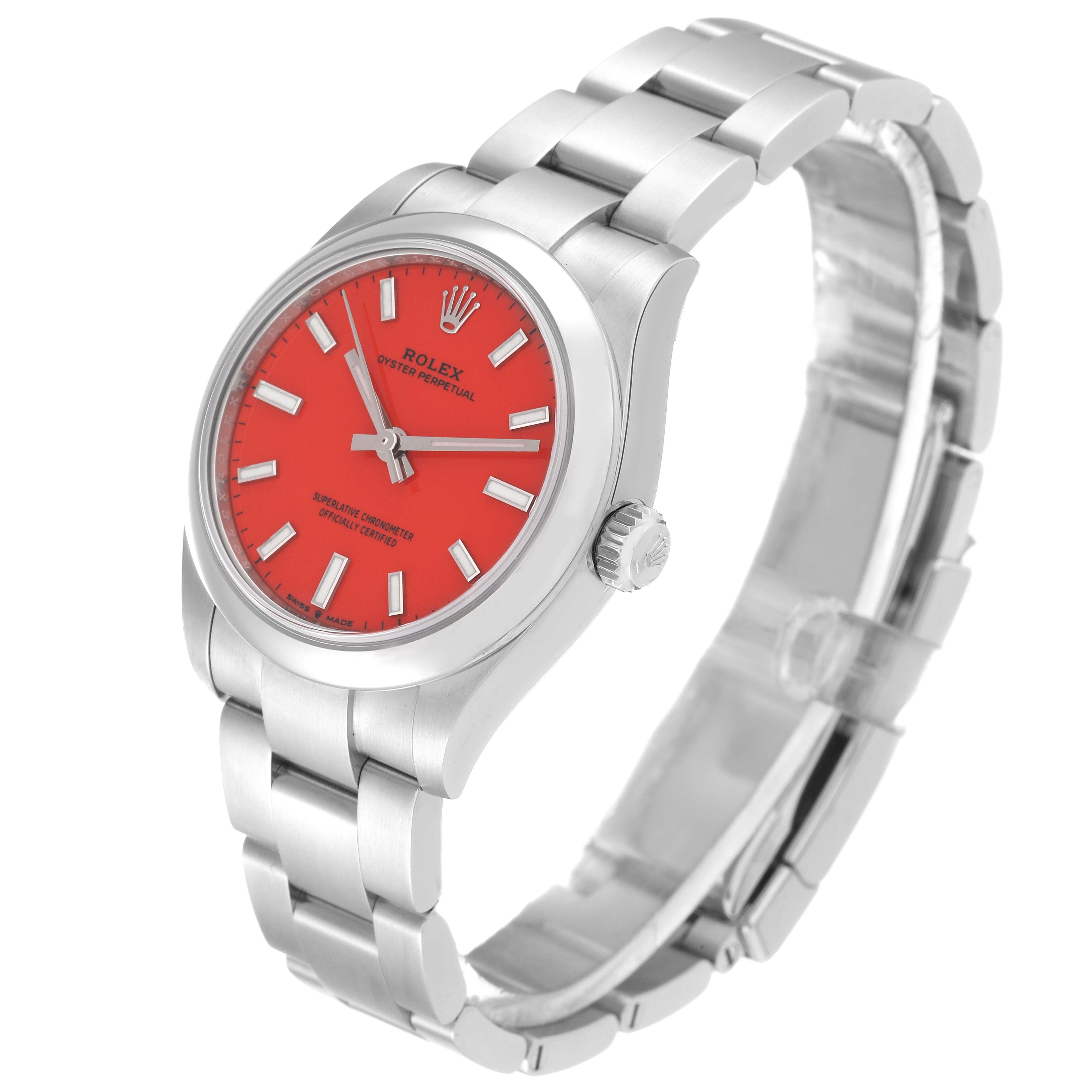 Rolex Oyster Perpetual Midsize Coral Red Dial Steel Ladies Watch 277200 Box Card
